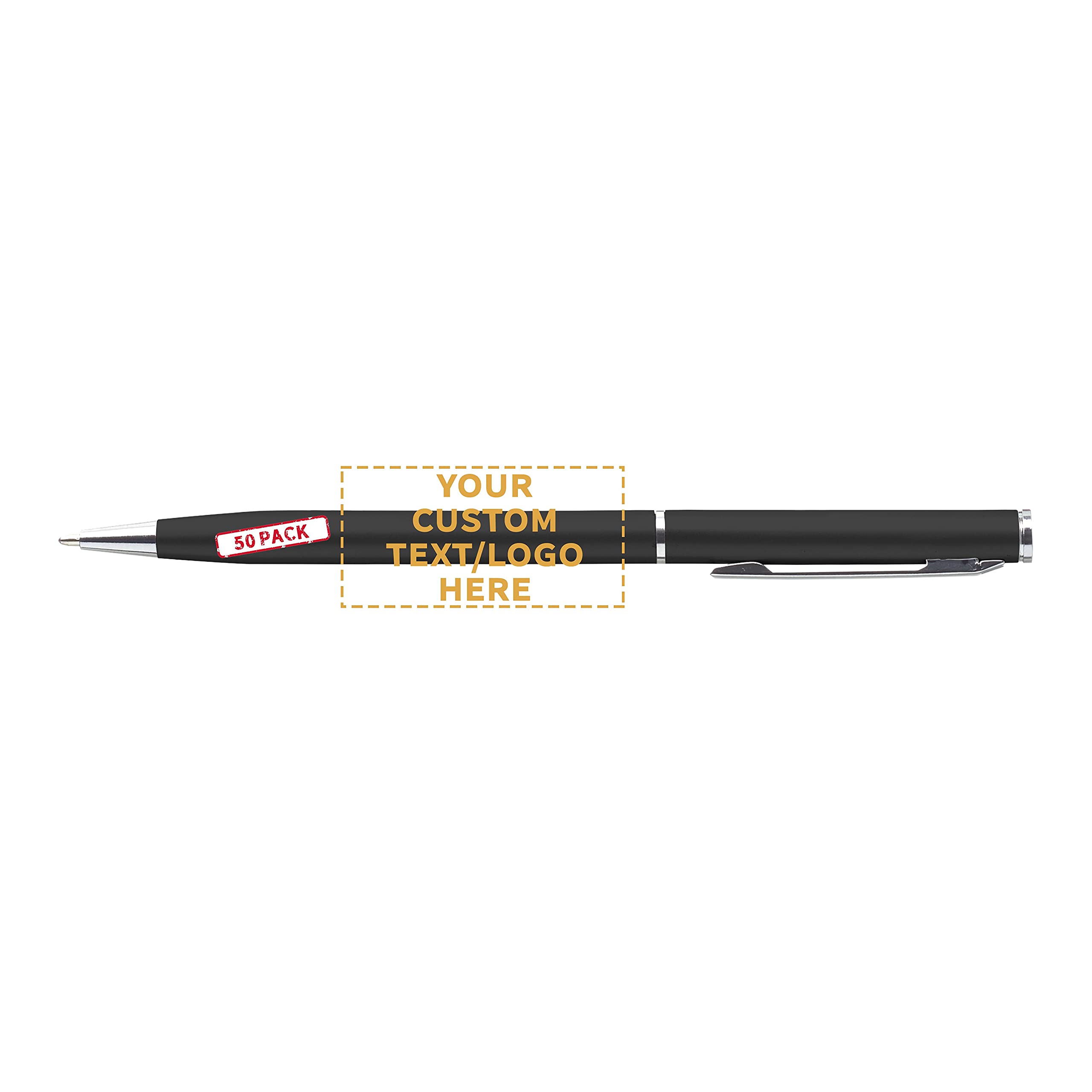 50 Pack Customizable Skinny Ballpoint Metal Pens with Black Ink - Engrave Your Logo/Text - Sleek Twist-Off Design for Office, School & Corporate Gifting