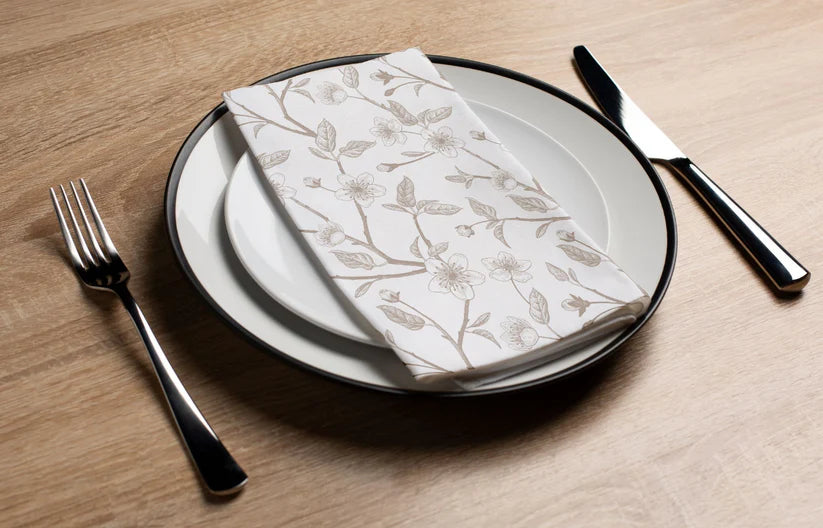 Disposable Linen-Like Paper Guest Towels - 16 Pack Taupe Cherry Blossom Design | Perfect for Bathrooms, Parties & Hotels