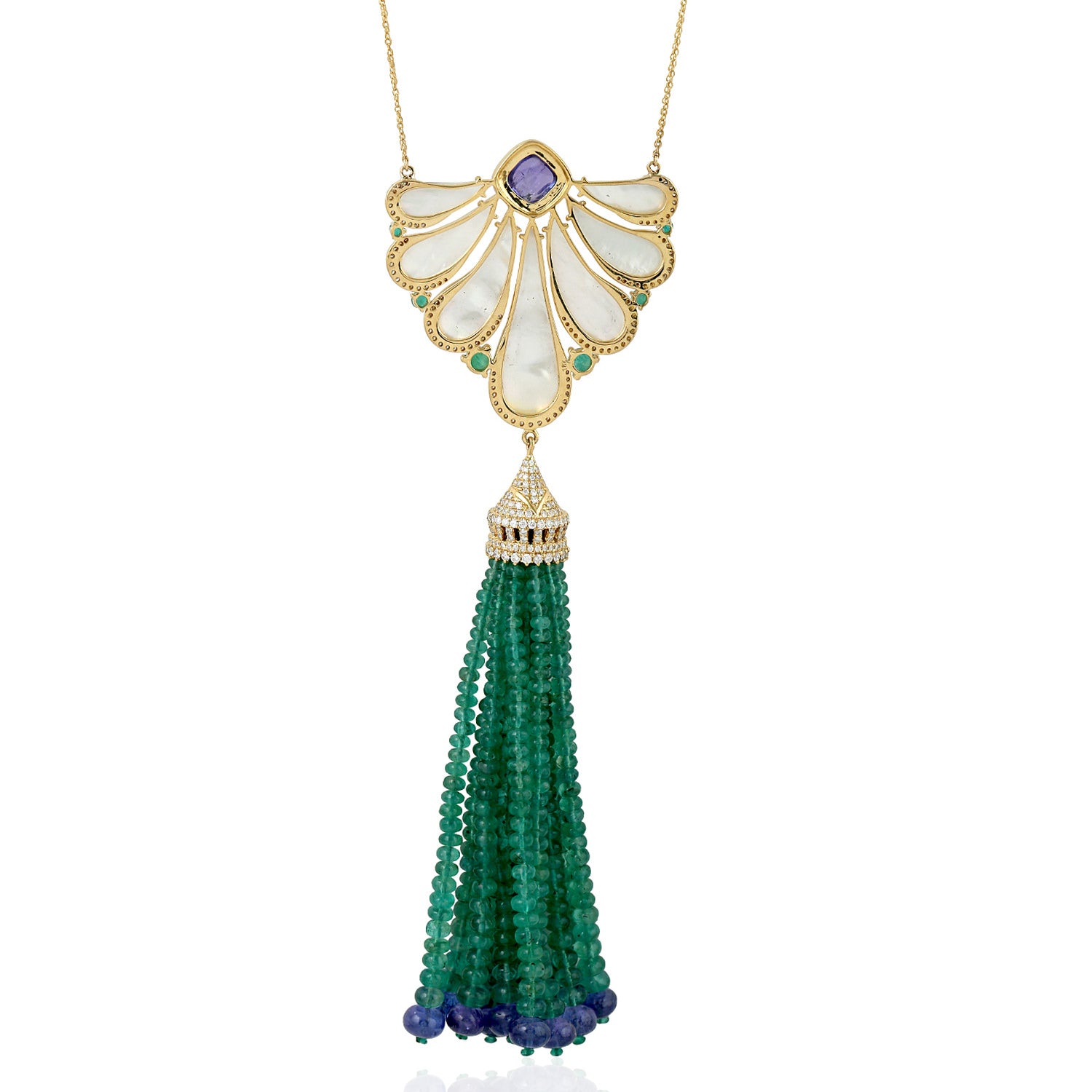 Handmade MOP Tanzanite Emerald Beads 18k Yellow Gold Rope Lariat Necklace for Women | Elegant Statement Jewelry for Parties, Weddings & Special Occasions