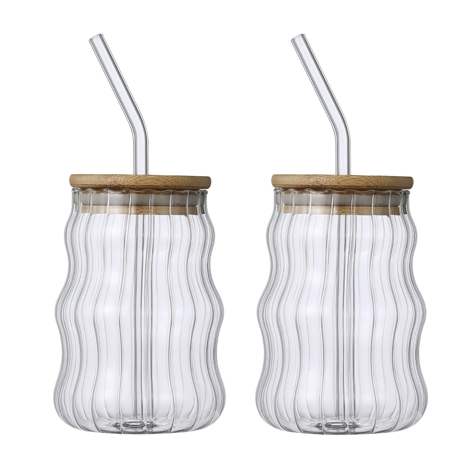 HanOBC 500ml Wave Shaped Glass Cups Set of 2 - Vintage Ribbed Drinking Glasses with Lids & Straws for Beer, Iced Coffee, Juice - Perfect for Home, Bar, Party & Gifts