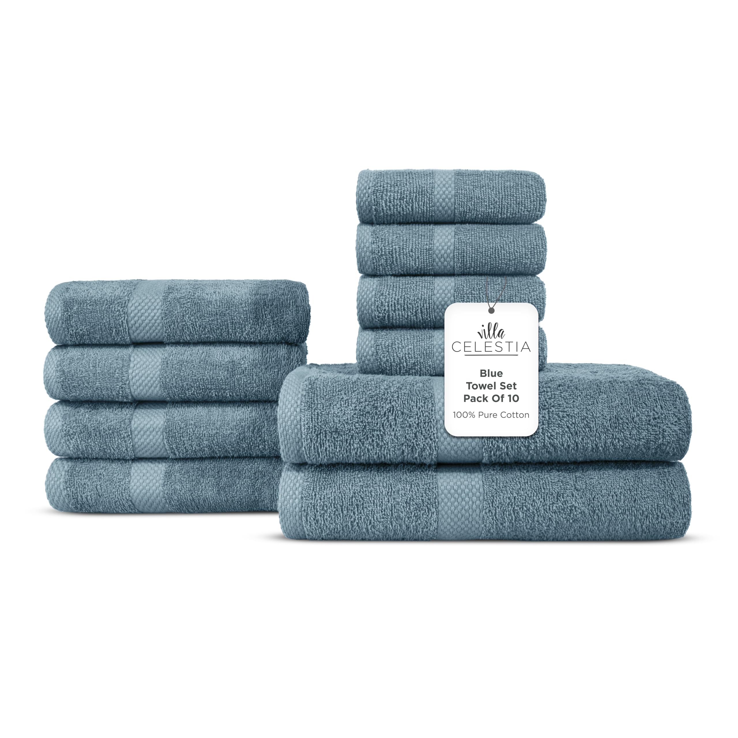 Premium 100% Cotton Bath Towel Set - 10 Piece (2 Bath Towels, 4 Hand Towels, 4 Washcloths) | Ultra Soft & Highly Absorbent Combed Cotton | Eco-Friendly & Sustainable | Perfect for Hotels, Spas, Bathrooms, Dorms & Gifts | Blue | Luxury Bath Linens for Everyday Comfort & Spa Experience