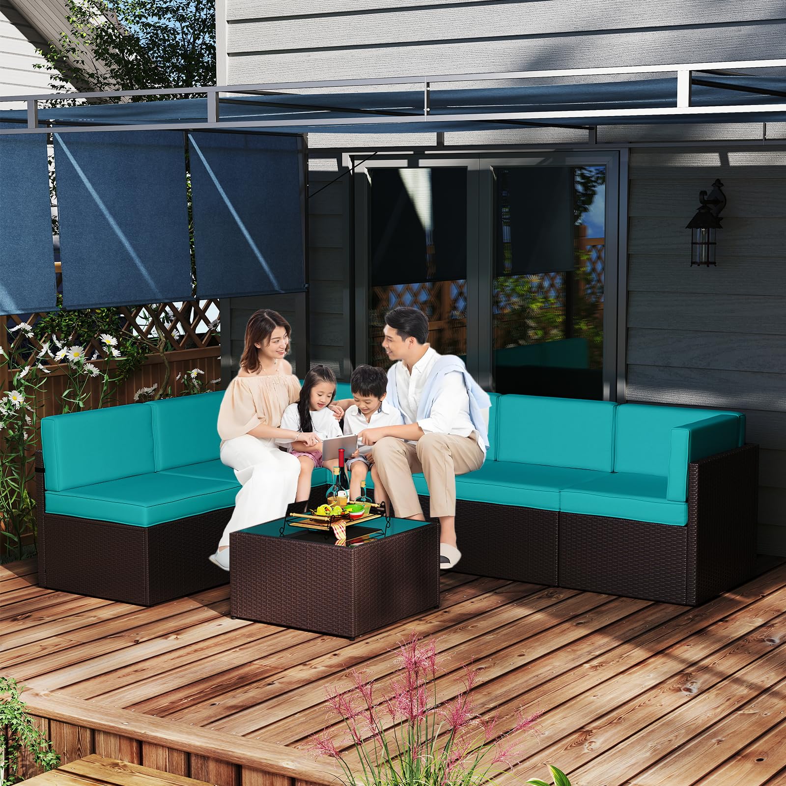 **Kinfant 7-Piece Outdoor Patio Furniture Set - Rattan Sectional Sofa with Coffee Table & Washable Cushions - Blue Wicker Conversation Set for Porch, Poolside, Backyard & Garden Relaxation**
