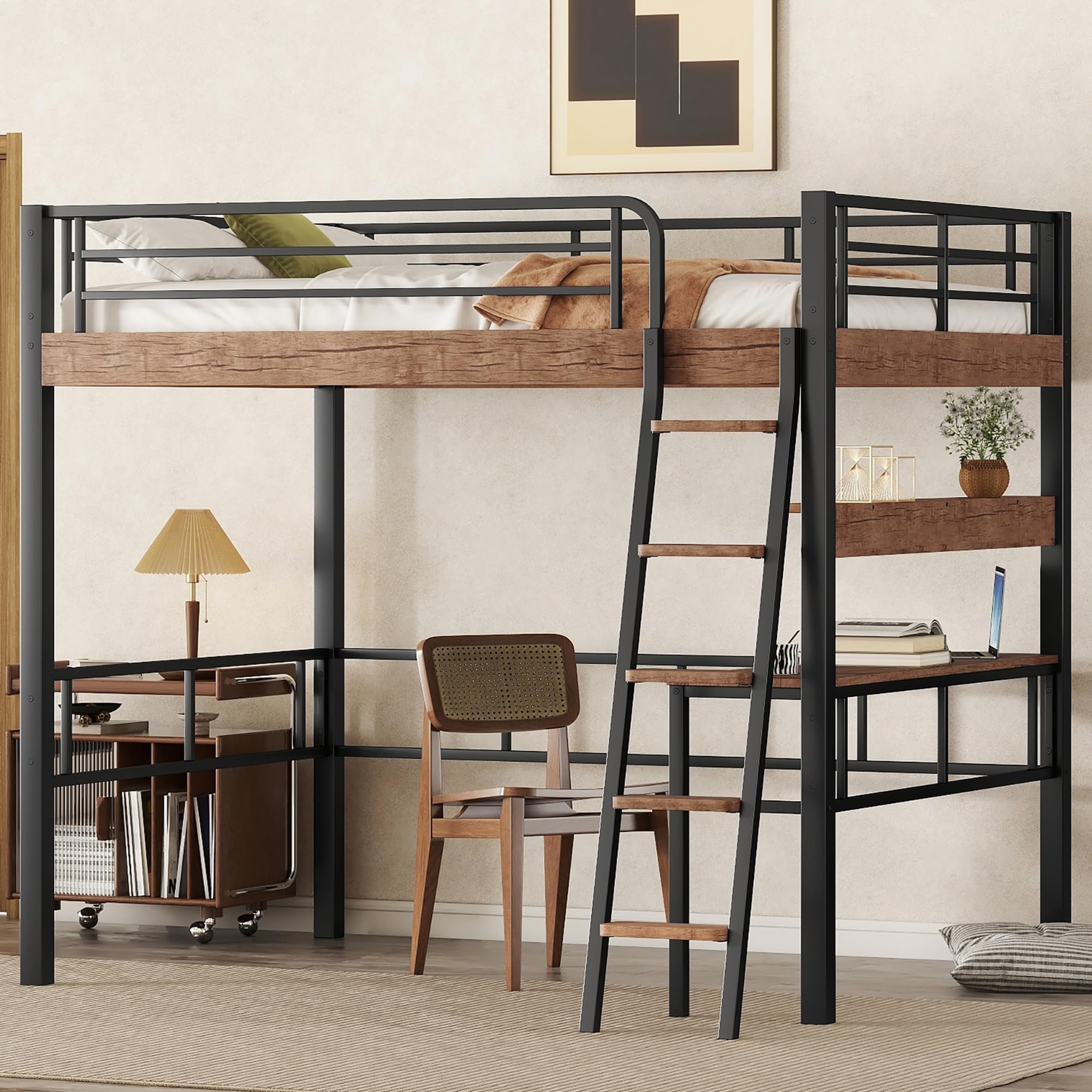 Full Size Loft Bed with Desk & Storage Shelf - Sturdy Metal Frame, Built-in Ladder & Safety Guardrail - Space-Saving Black Loft Bed for Kids & Teens - Perfect for Small Bedrooms, Dorms & Studio Apartments
