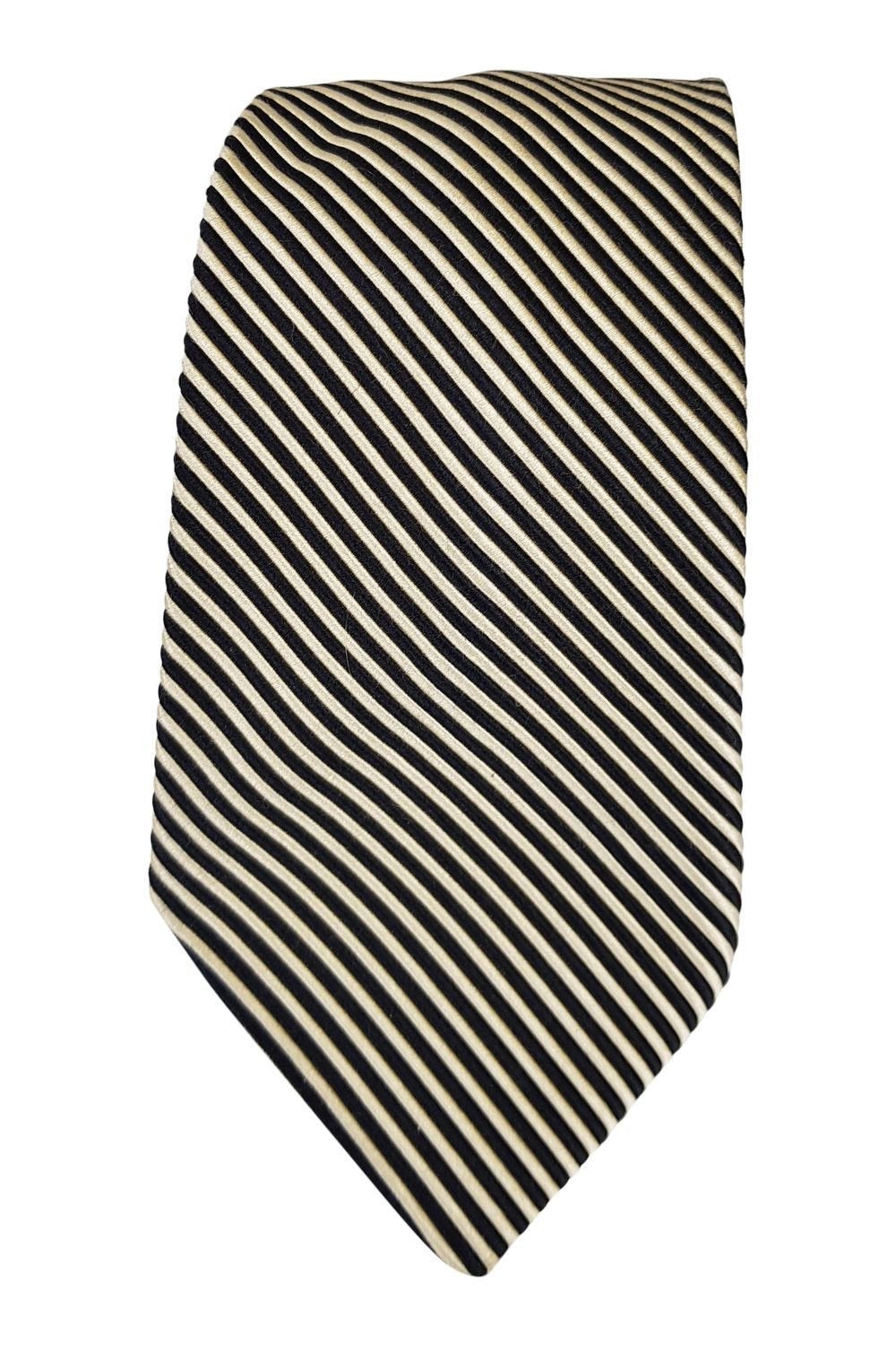 CERRUTI Black and Gold Stripe Silk Cotton Blend Tie (60% Silk 40% Cotton) - 58 Inch Shorter Length for Business, Wedding & Formal Occasions