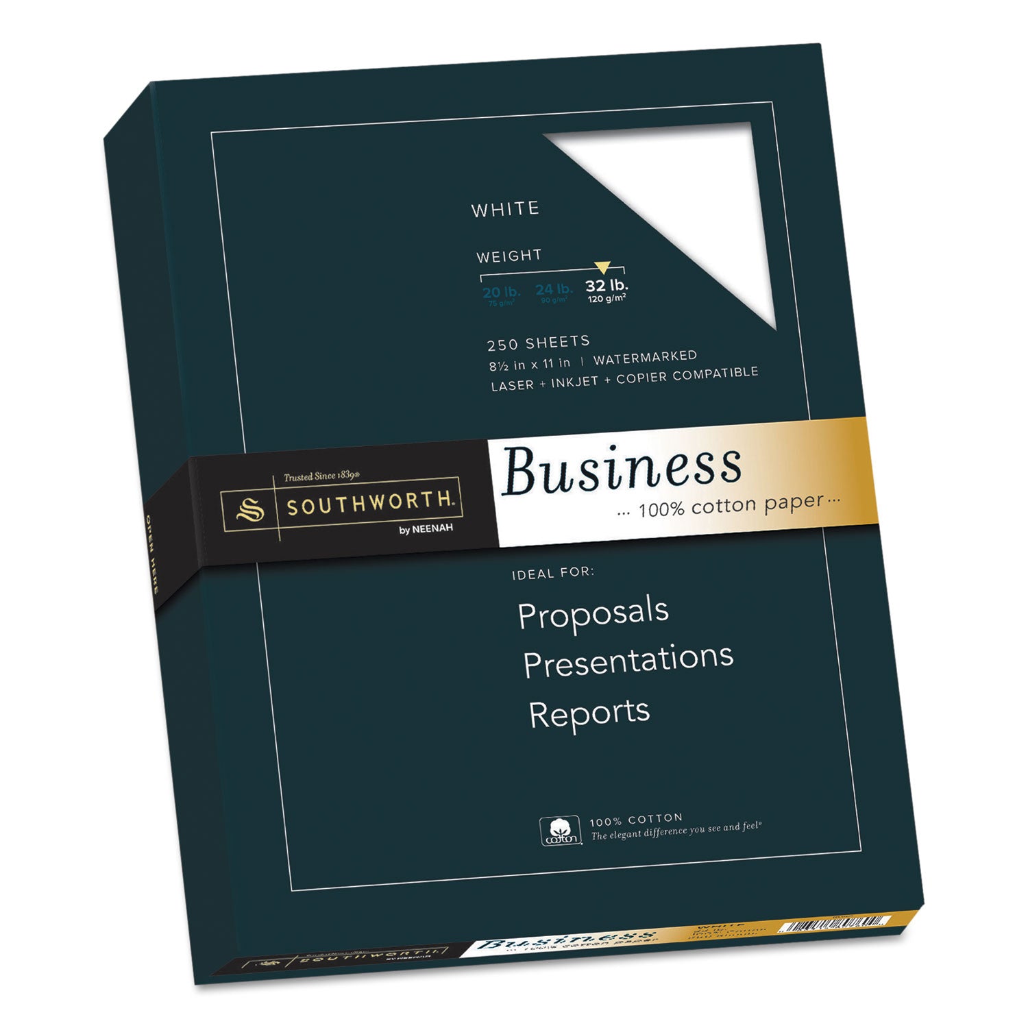 Premium 100% Cotton Business Paper - 95 Bright, 32 lb, 8.5 x 11 Inches, White, 250 Sheets/Pack - Perfect for Resumes, Legal Documents & Professional Printing