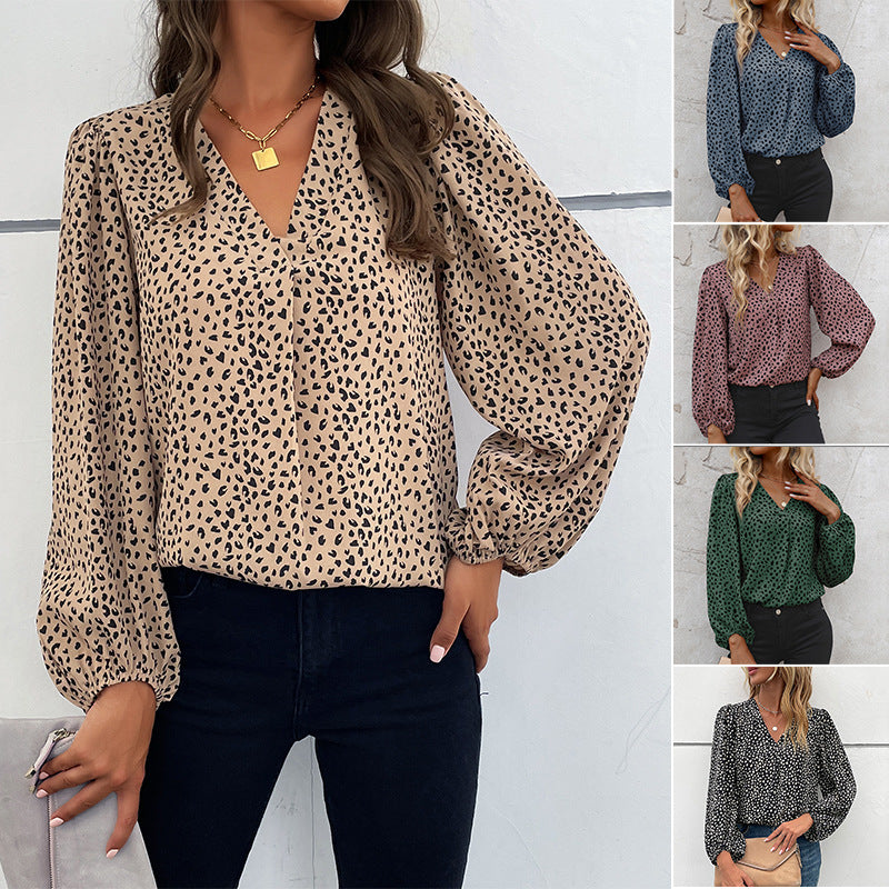 LOVEVOP Women's Long Sleeve V-Neck Leopard Print Blouse - Trendy Spring Summer Commuter Top for Business Casual & Office Wear | Cross Border Ecommerce Fashion 2025