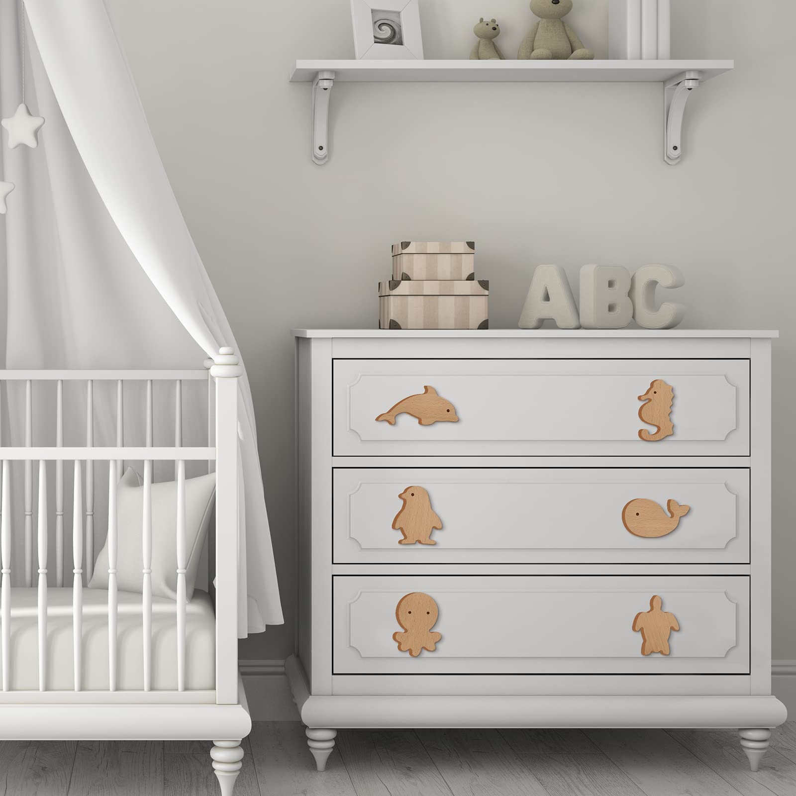 Natural Wooden Animal Cabinet Knobs - 6 Sets of Decorative Wood Dresser Pulls with Screws for Nursery, Kids Room & Home Furniture - Sea Animal Theme Handles for Dressers, Cabinets & Drawers