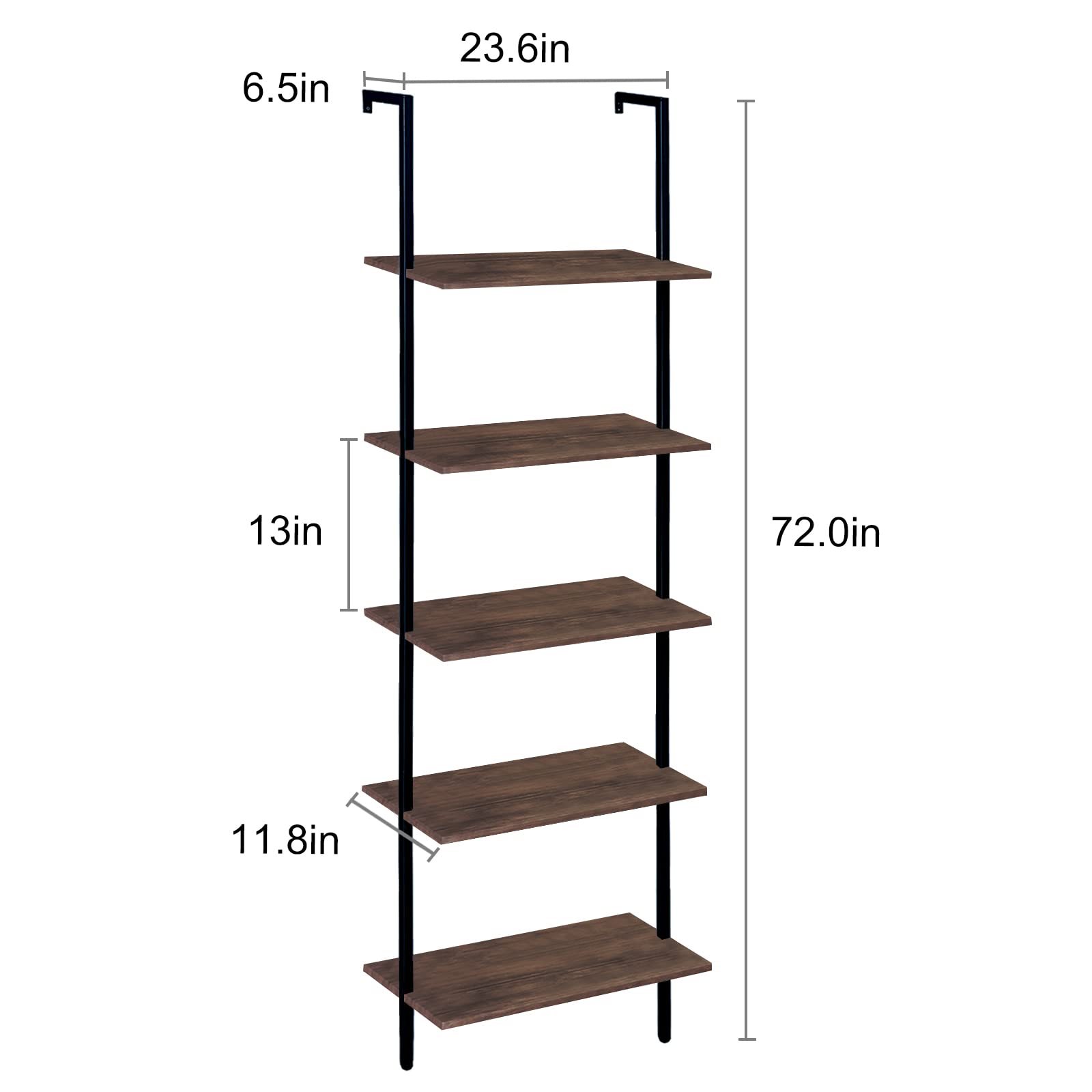 5-Tier Ladder Shelf Set of 2 - Modern Tall Bookshelf for Home & Office - Open Wall Mount Storage Bookcase - Industrial Style Standing Leaning Shelves - Perfect for Living Room, Bedroom & Office Organization (Brown)