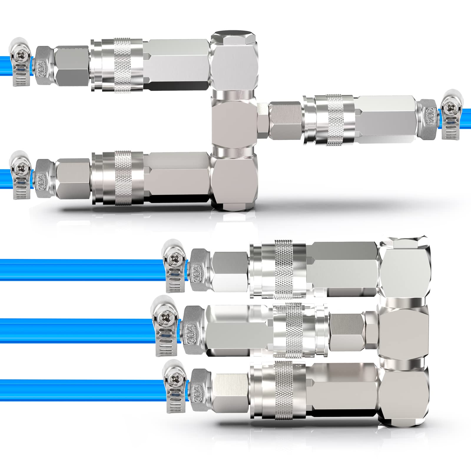 GASHER 2-Way Air Manifold - 3 Port Steel Industrial Pneumatic Air Compressor Quick Connect Swivel 360° Hose Splitter with 2 Couplers & 1/4