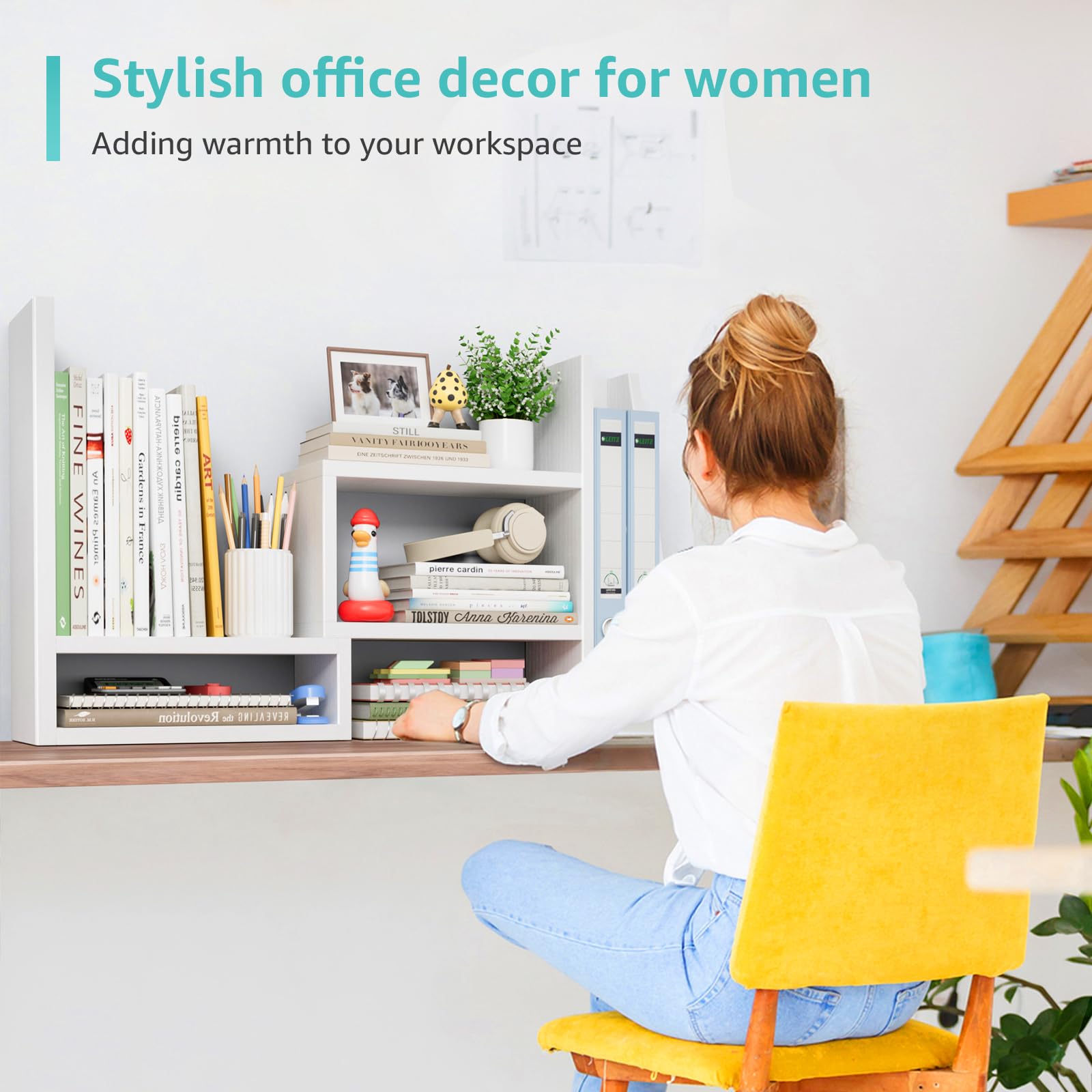 White Desktop File Organizer Shelf - Office Desk Organizer for Paper, Books & Supplies | Space-Saving Corner Bookshelf & Tabletop Storage | Perfect for Women's Home Office & Workspace Decor
