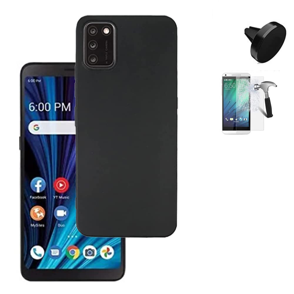TCL-A3X Phone Case with Tempered Glass Screen Protector & Car Mount - Gel Black Flex Gel Case for TCL-A3X (A600DL) - Perfect for Daily Use, Travel, and On-the-Go Protection