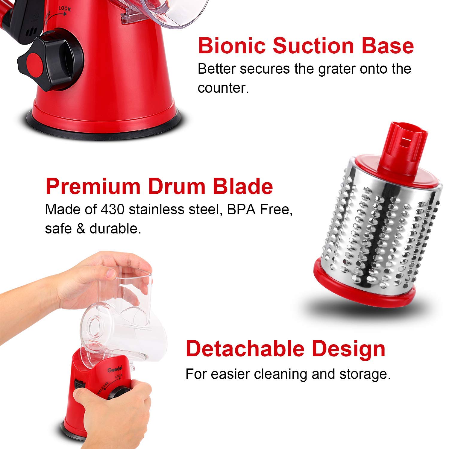 Geedel Rotary Cheese Grater & Vegetable Slicer - 2 Interchangeable Blades for Fruits, Veggies, Nuts - Easy Clean Kitchen Mandoline - Perfect for Salads, Pasta Garnish & Meal Prep