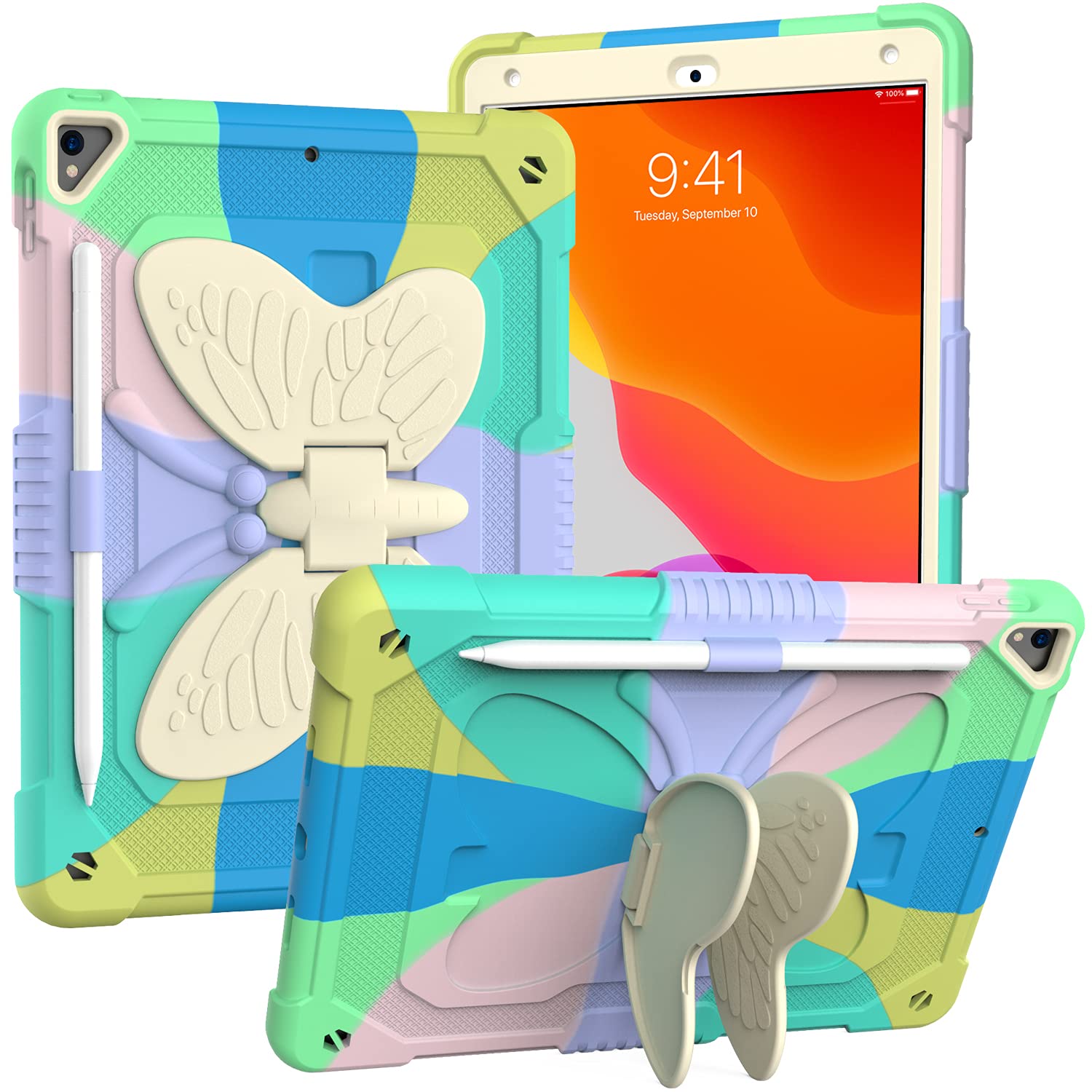 **Shockproof Silicone Kids Case for iPad 9th/8th/7th Generation 10.2 Inch (2021/2020/2019) - Cute 3D Butterfly Design with Kickstand, Durable Protective Cover for Boys & Girls (Colorful Green) - Perfect for School, Travel & Playtime**