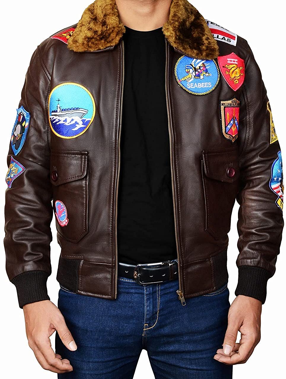 Men's Tom Cruise Aviator Pilot Jacket - G-1 Bomber Leather Coat with Fur Collar & Multiple Patches | Maverick Style Flight Jacket for Halloween, Cosplay & Movie Costume