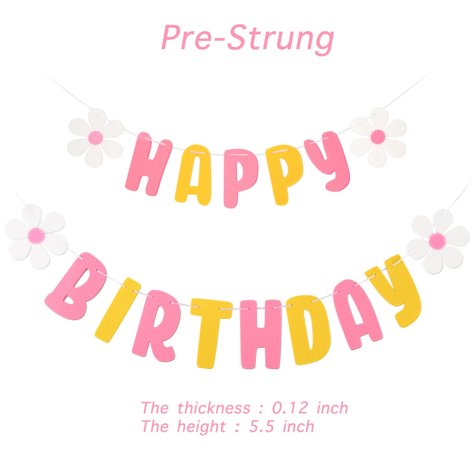 Pastel Happy Birthday Banner - Felt Birthday Banner with Flower Garland for Rainbow Birthday Party Decorations, Cute Pre-Strung Banner for Baby Shower, Bridal Shower & Kids Birthday Party Decor