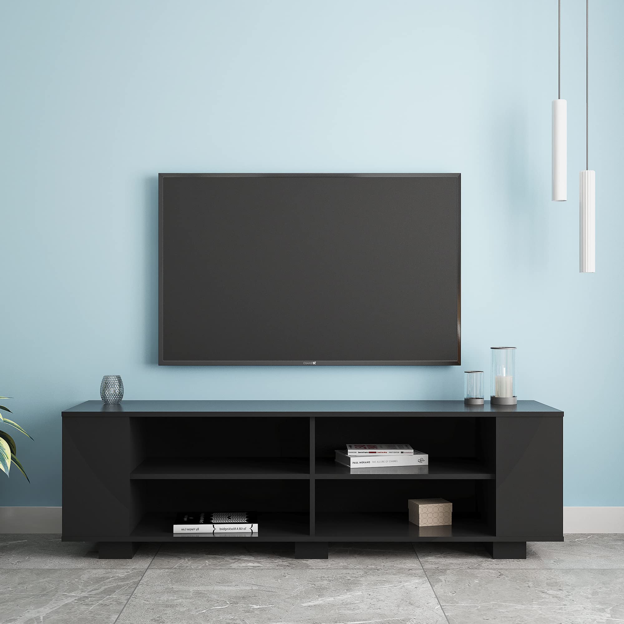 65-Inch Mid-Century Modern TV Stand with 8 Open Shelves - Universal Wood Entertainment Center for LCD/LED TVs - Living Room & Bedroom Storage Cabinet - Black TV Console Table for Home Theater & Family Entertainment