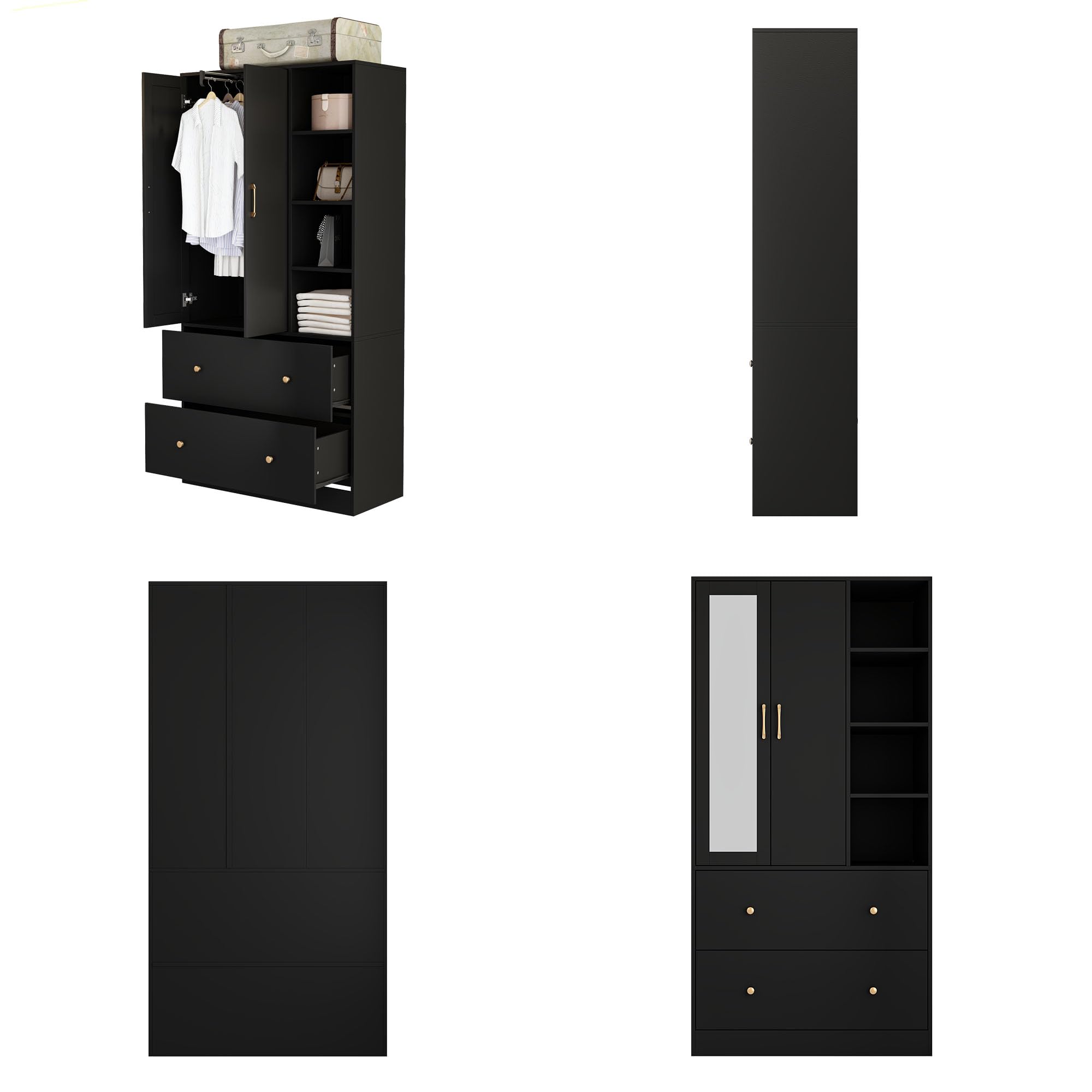 Homsee Wooden Wardrobe Armoire with Mirror - 2 Doors, 2 Drawers & 4 Open Storage Cubes - Freestanding Closet with Hanging Rod for Bedroom Organization - Black (35.5”L x 15.8”W x 70.8”H) - Perfect for Small Spaces, Apartments and Dorm Rooms