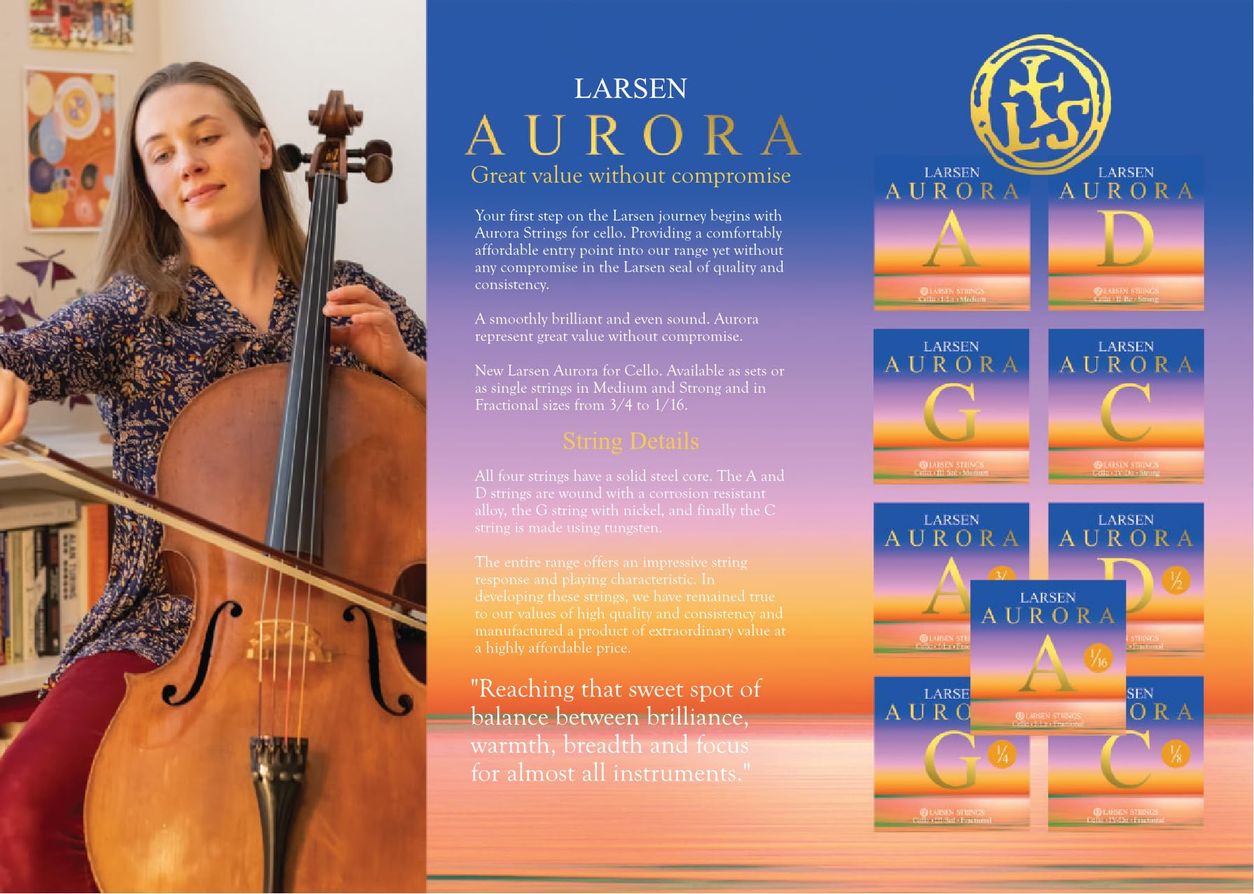 LARSEN Aurora Cello Strings Medium Tension C 1/8 - Premium Quality Cello Strings for Professional Musicians & Students - Perfect for Orchestral Performances, Solo Playing & Practice Sessions