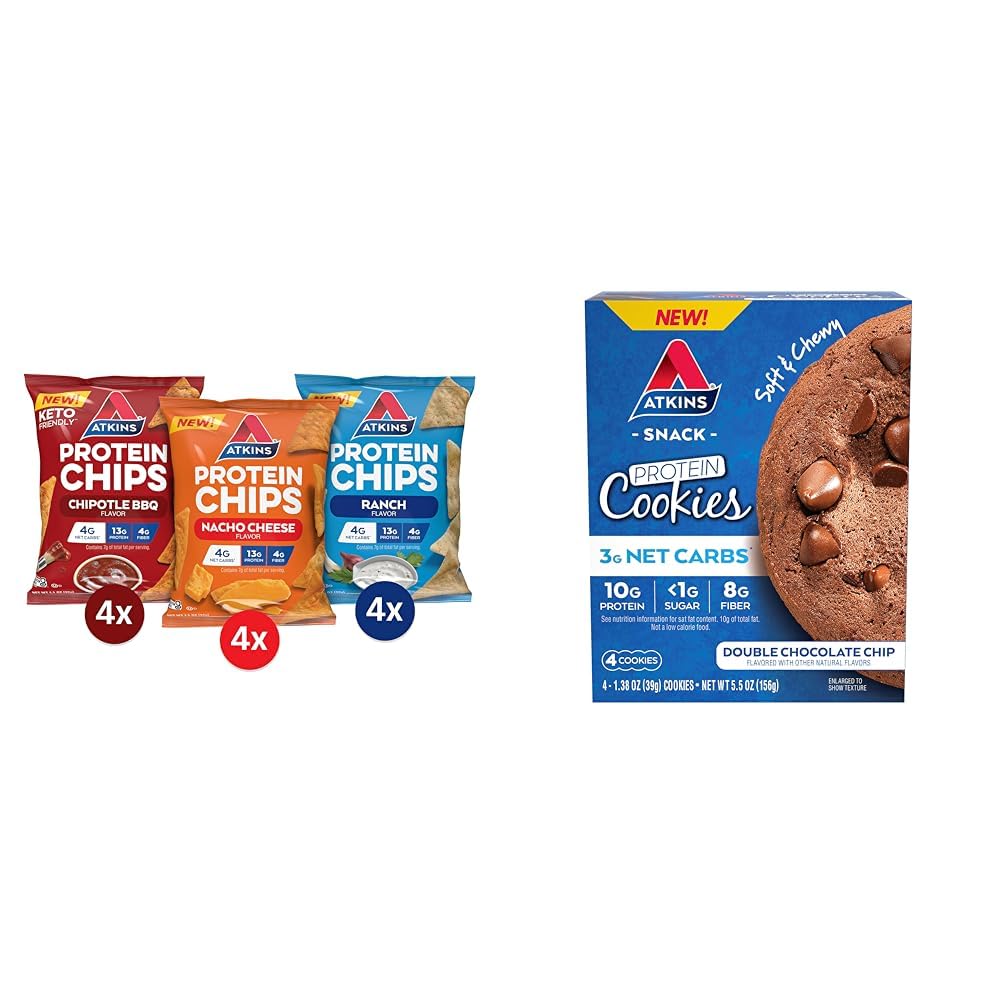 Atkins Protein Chips Variety Pack & Double Chocolate Chip Protein Cookie - Low Carb, High Protein Snacks (12 Count) - Gluten Free, Keto Friendly, Low Glycemic - Perfect for Weight Loss, On-the-Go Energy & Healthy Dessert Alternatives
