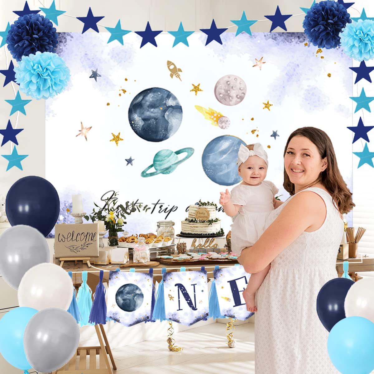 Outer Space First Birthday Decorations - 1st Birthday Banner, High Chair Decor & Party Supplies for Boys | Space Theme Party Decorations for Baby's First Trip Around The Sun Celebration