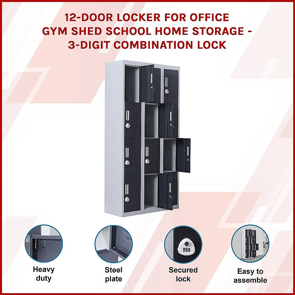 12-Door Locker with 3-Digit Combination Lock for Secure Storage - Perfect for Office, Gym, Shed, School & Home Organization