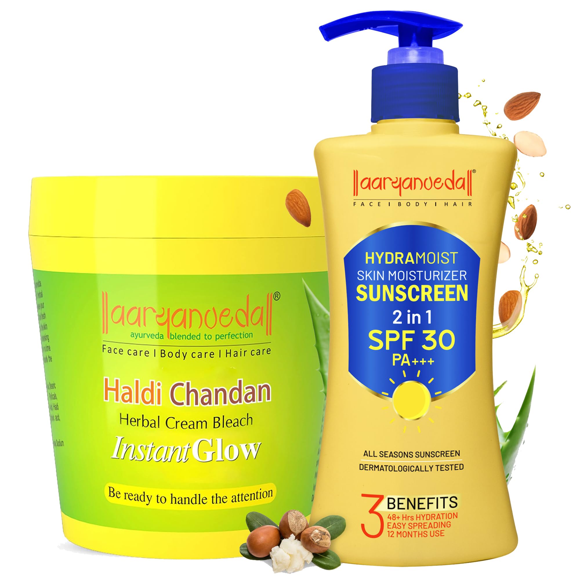 Aryanveda Herbals Haldi Chandan Bleach Cream 250g & Hydra Moist Face & Body Moisturizer SPF-30 200ml - Skin Brightening & Sun Protection for Glowing Complexion | Perfect for Daily Skincare & Sun Care Routine