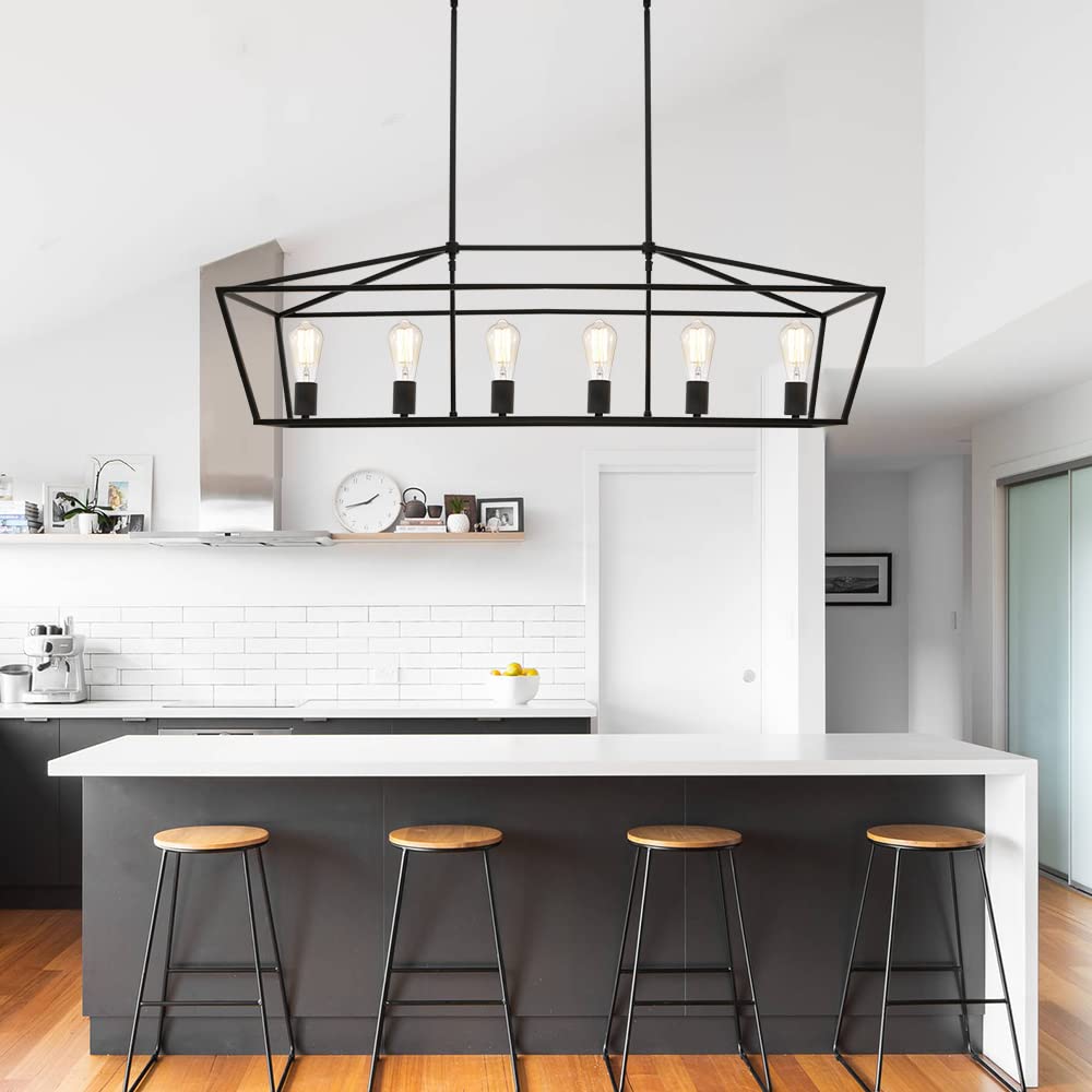 6-Light Black Kitchen Island Pendant Lighting Fixture - Modern Dining Room Chandelier for Living Room, Pool Table & Bar Counter - Perfect for Home Kitchen, Restaurant & Cafe Lighting Decor