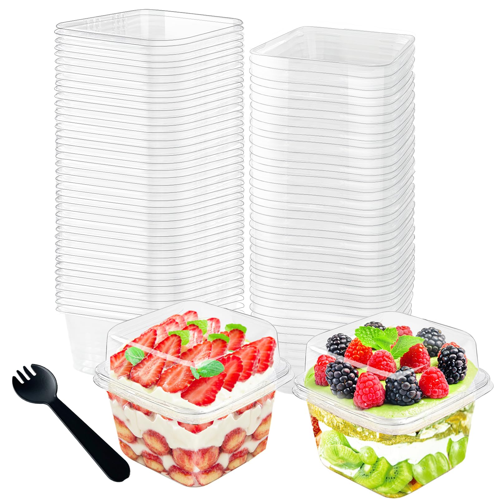 100pcs 8oz Plastic Dessert Cups with Lids and Spoons - Disposable Square Parfait Containers for Party, Mousse, Yogurt, Pudding, Snacks & Fruits - Perfect for Catering, Picnics, and Home Dessert Serving (50 Sets)
