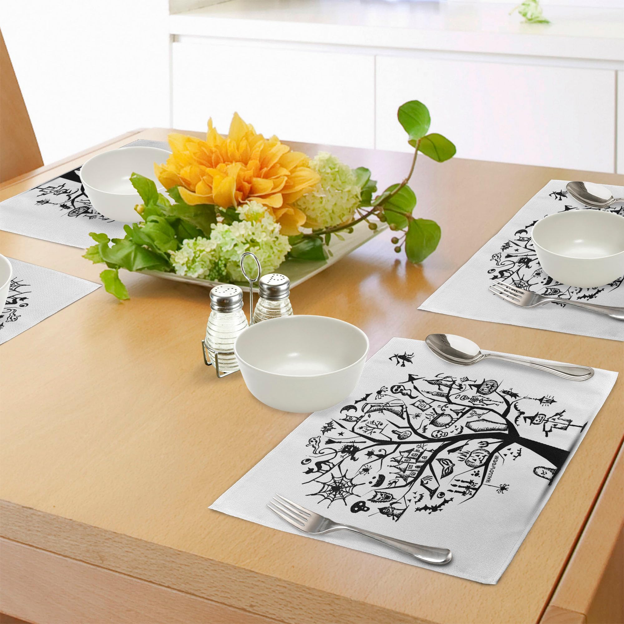 Ambesonne Halloween Place Mats Set of 4 - Spooky Tree & Witch Broom Design, Washable Fabric Table Mats for Dining Room & Kitchen Decor (Black & White) | Perfect for Halloween Parties, Fall Dinners & Themed Home Decor