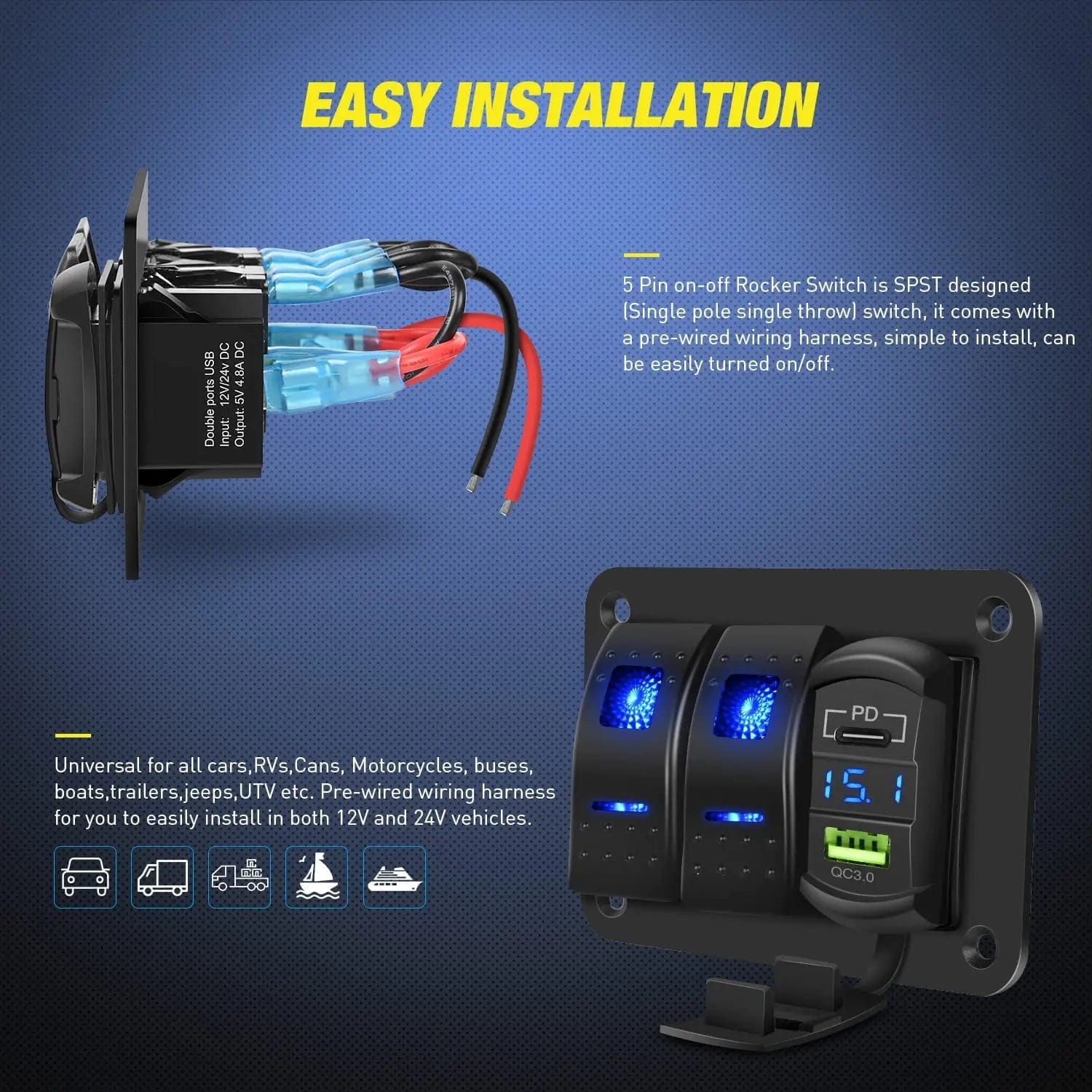 2 Gang Blue Rocker Switch Panel with PD Type C & USB Charger Voltmeter - Marine, RV, Truck, Boat, and Automotive Electrical Control Solution