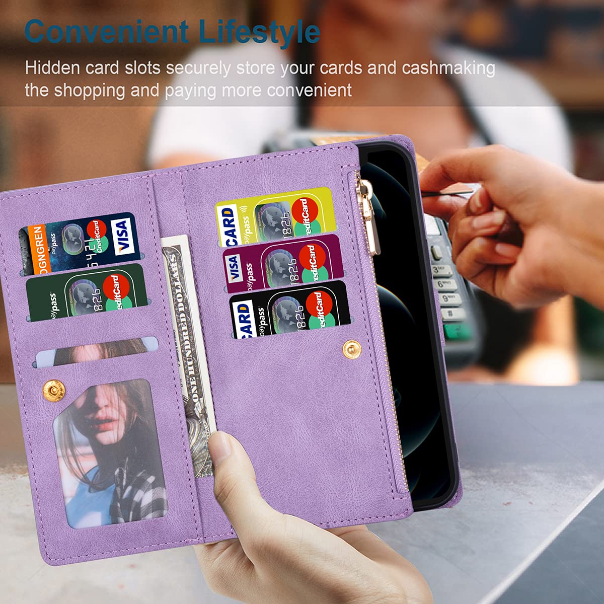 Premium Leather Wallet Case for Samsung Galaxy S22 Ultra - 9 Card Slots & Zipper Pocket with Handbag Wristlet, Flip Cover (Purple) - Perfect for Business, Travel & Everyday Protection