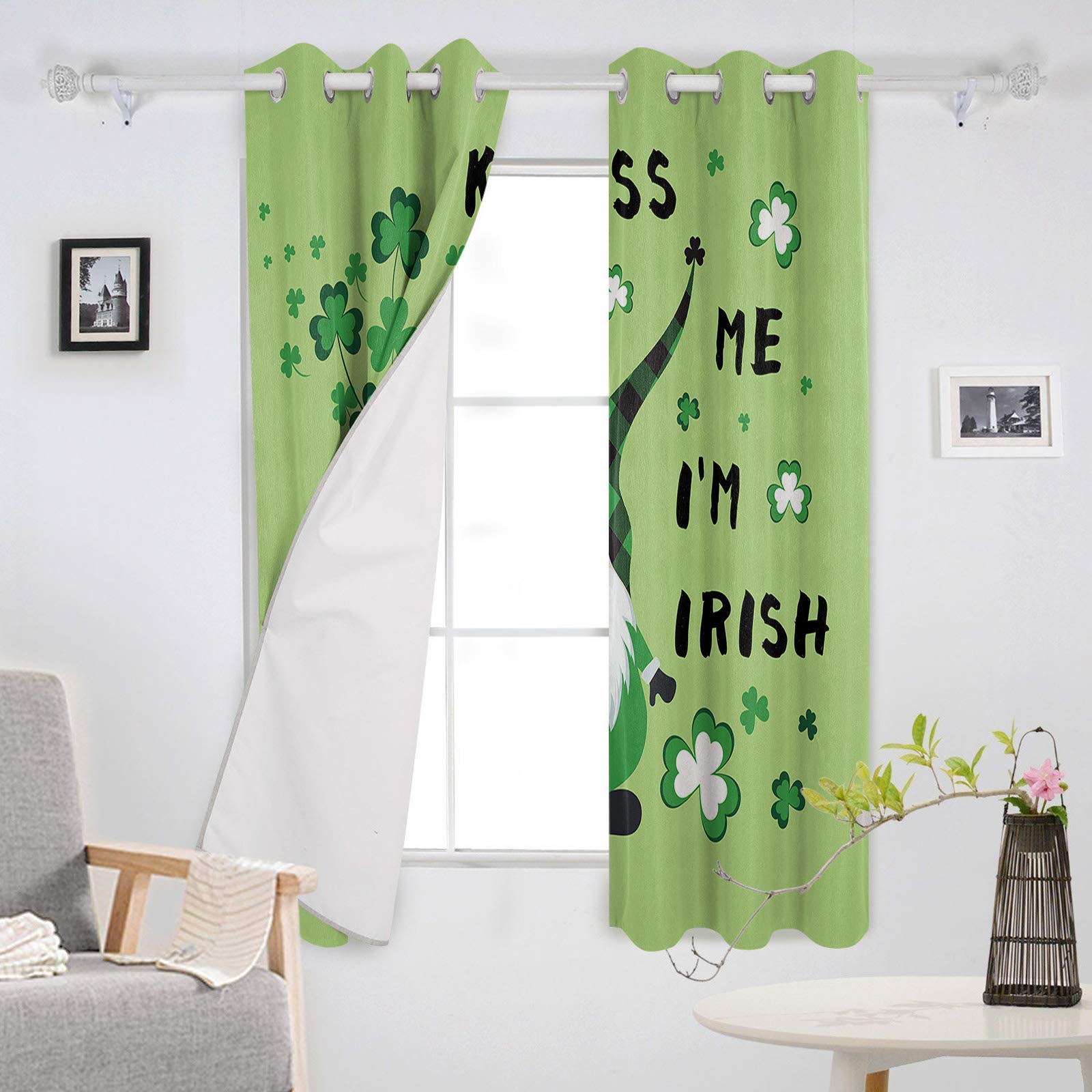 Blackout Curtains for Bedroom - Thermal Insulated Room Darkening Drapes 54 Inch Long, St Patrick's Day Shamrock Design with Green Background (Set of 2 Panels) - Perfect for Living Room, Nursery & Home Theater Light Blocking
