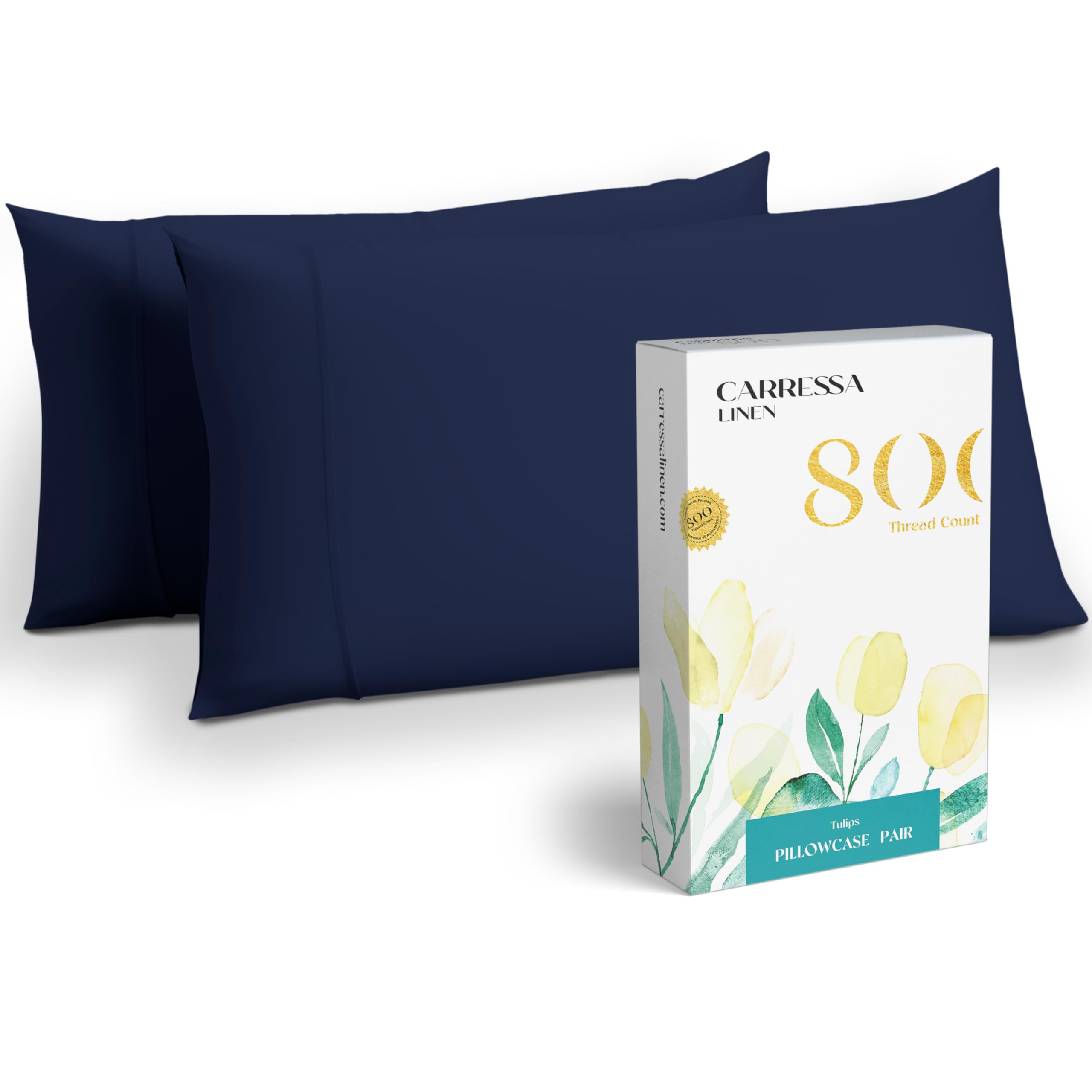 Premium 100% Egyptian Cotton Pillowcases Set of 2 - 800 Thread Count, Soft & Breathable Linen Pillow Covers for Standard/Queen Size - Cooling Navy Blue Bedding Accessories | Perfect for Home, Hotel, and Guest Room Decor