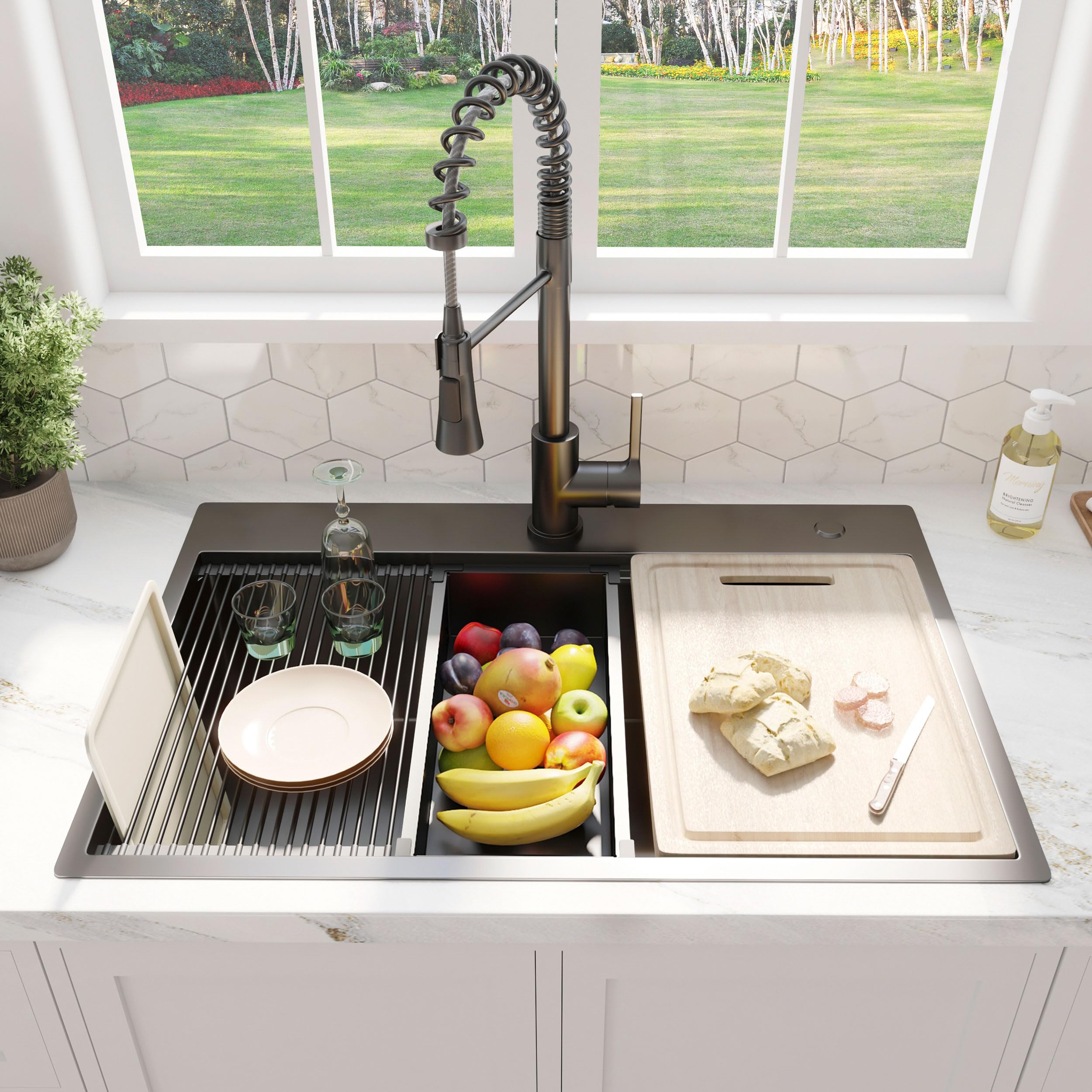 33 Inch Drop-in Gunmetal Black Stainless Steel Double Bowl Kitchen Sink with Black Spring Neck Faucet - Dual Mount Workstation for Modern Homes, Perfect for Busy Cooks and Large Meal Prep