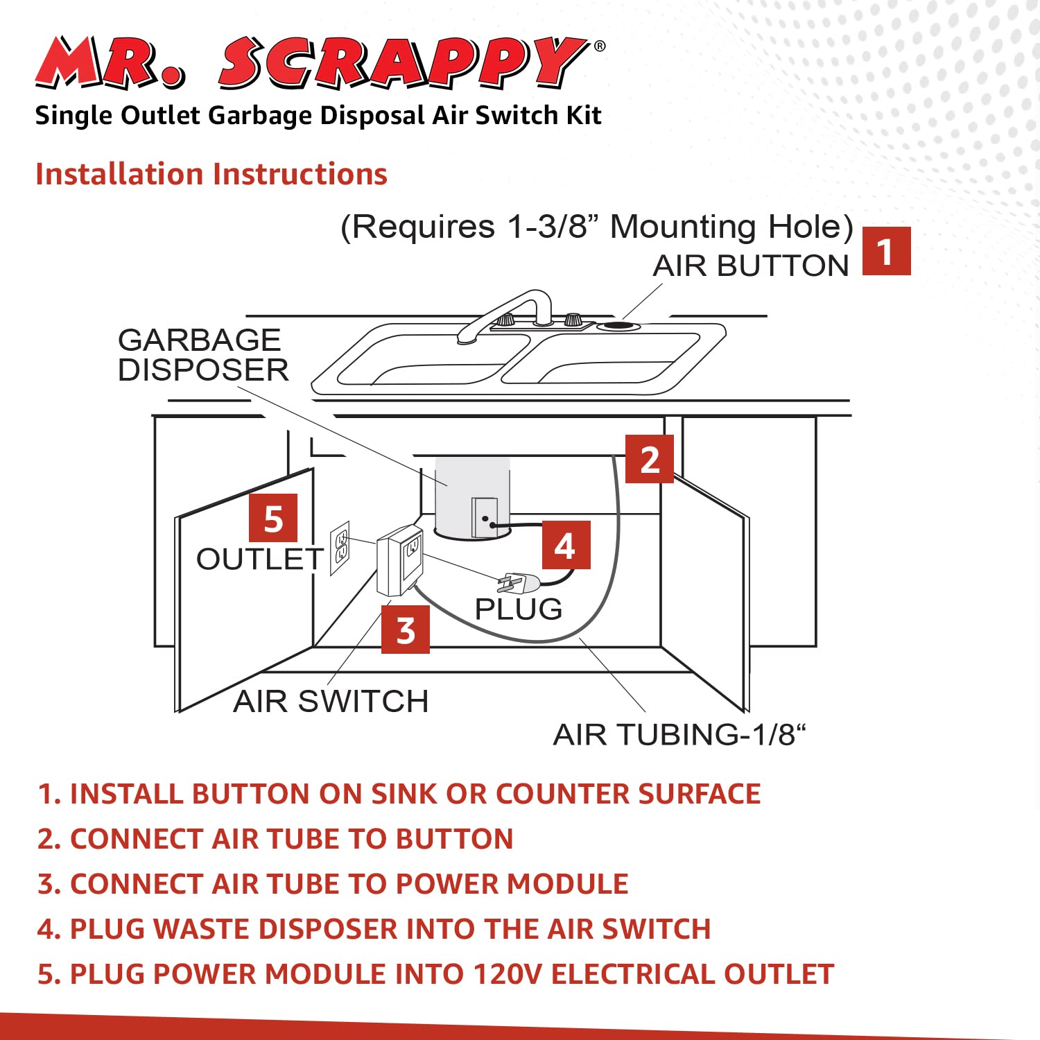 20-MSAS-65-WH Single Outlet Garbage Disposal Air Switch Kit - White, Includes Button, Tubing, 120V Power Module & Hardware - Easy On/Off Control for Kitchen Sink Waste Disposers - Perfect for Home, Restaurant & Commercial Use