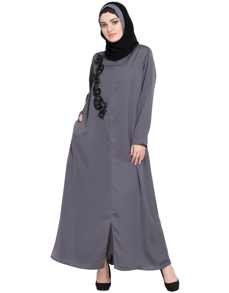 Elegant Arabic Front Zip & Slit Patchwork Nida Abaya in Grey - Perfect for Prayer, Modest Fashion, and Special Occasions