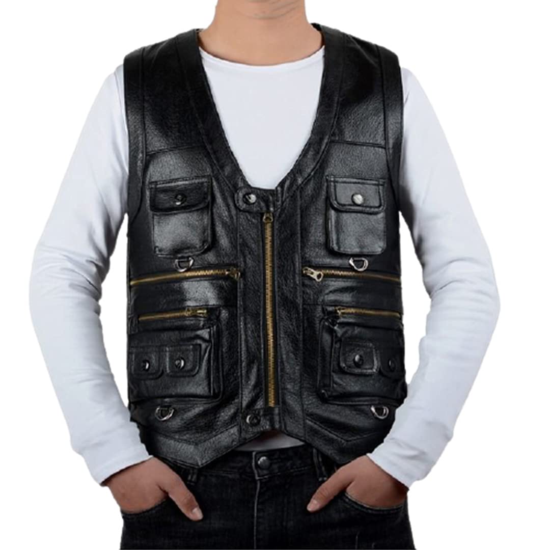 Men's Multi-Pocket Leather Vest - Thick Motorcycle Waistcoat with Zipper, Sleeveless Jacket for Bikers & Outdoor Enthusiasts | Perfect for Riding, Travel & Casual Wear
