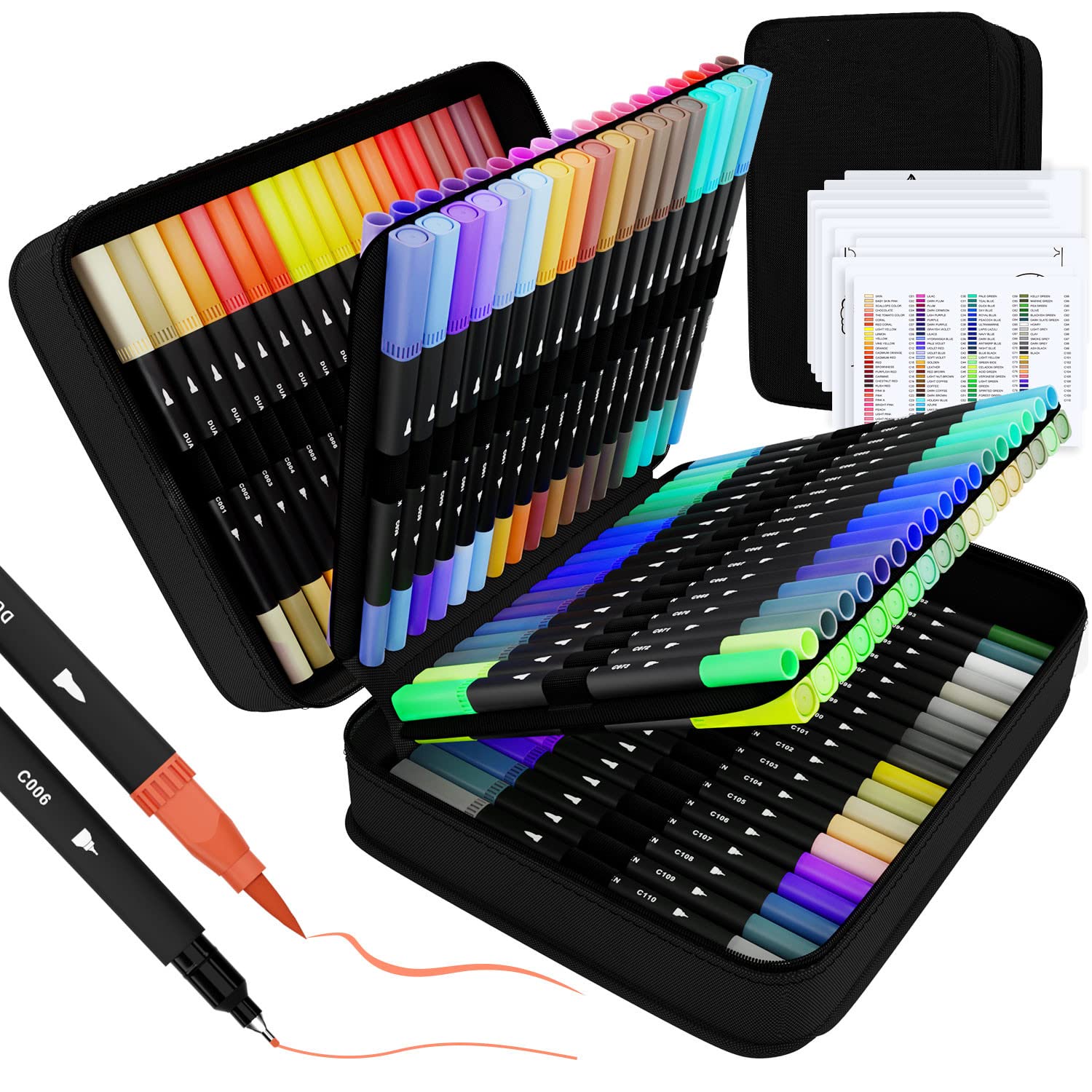 Sunacme 110 Dual Tip Brush Markers Set - Fine Liner & Brush Pens for Adult Coloring Books, Kids Journaling, Drawing & Doodling - Premium Artist Markers with Carrying Case (Ideal for Art Projects, Bullet Journals & DIY Crafts)