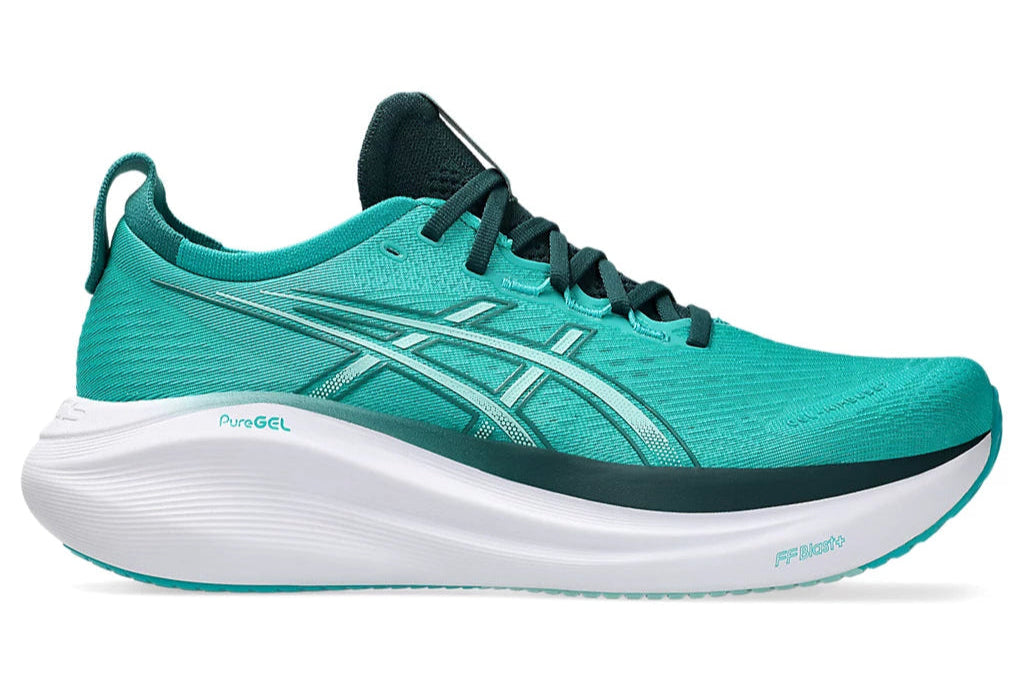 ASICS Gel-Nimbus 27 Running Shoes for Men (D Width) - Wave Teal/Saxon Green - Cushioned Road Running & Jogging Sneakers for Long-Distance Training & Marathon
