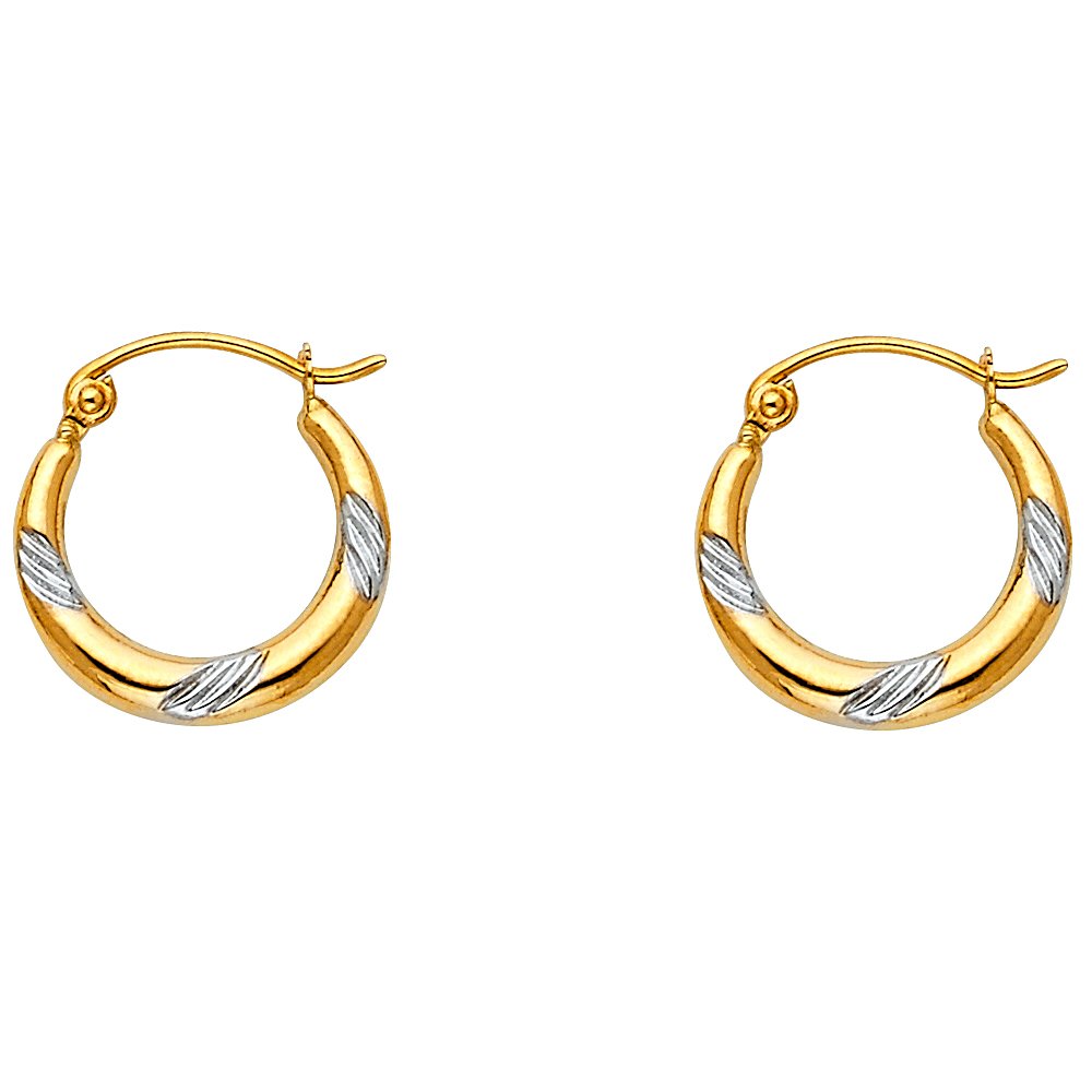 14K White & Yellow Gold Hollow Hoop Earrings for Women - 15mm Fancy Dangle Hoops | Elegant Jewelry Gift for Birthday, Anniversary & Special Occasions