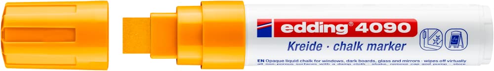 Edding 4090 Neon Orange Chalk Marker - 1 Pack, Chisel Nib (4-15mm) - Broad Nib Wet Erase Pen for Chalkboards, Windows, Glass & Mirrors - Opaque Liquid Chalk Pen - Perfect for Restaurants, Cafes, Retail Signs & Event Decorations