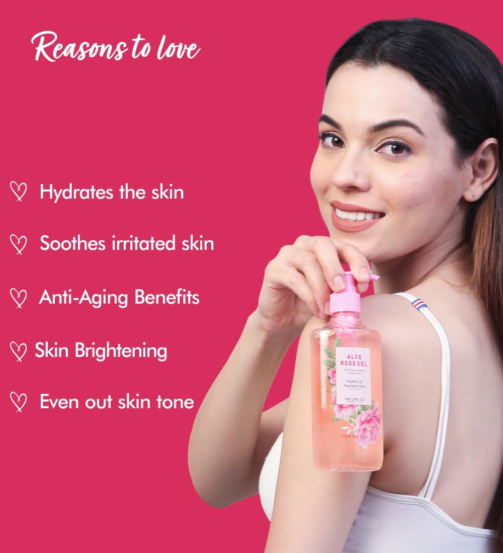 THE LOVE CO. Aloe Vera & Rose Water Gel - 250ml | Vitamin E-Enriched Hydrating Face & Body Moisturizer for Dry Skin | Sunburn Relief, Skin Rejuvenation & Daily Hydration | Perfect for After-Sun Care & Sensitive Skin Soothing