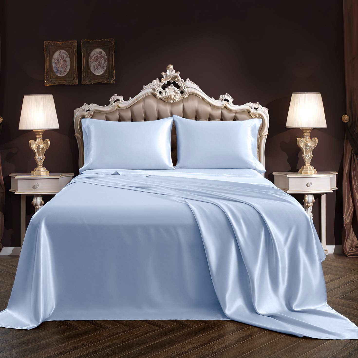 SiinvdaBZX 4-Piece Extra Deep Pocket Satin Sheet Set - Queen Size Ultra Soft Silky Baby Blue Bed Sheets for 18-24 Inch Mattress | Luxury Bedding for Master Bedroom, Guest Room & Hotel Use