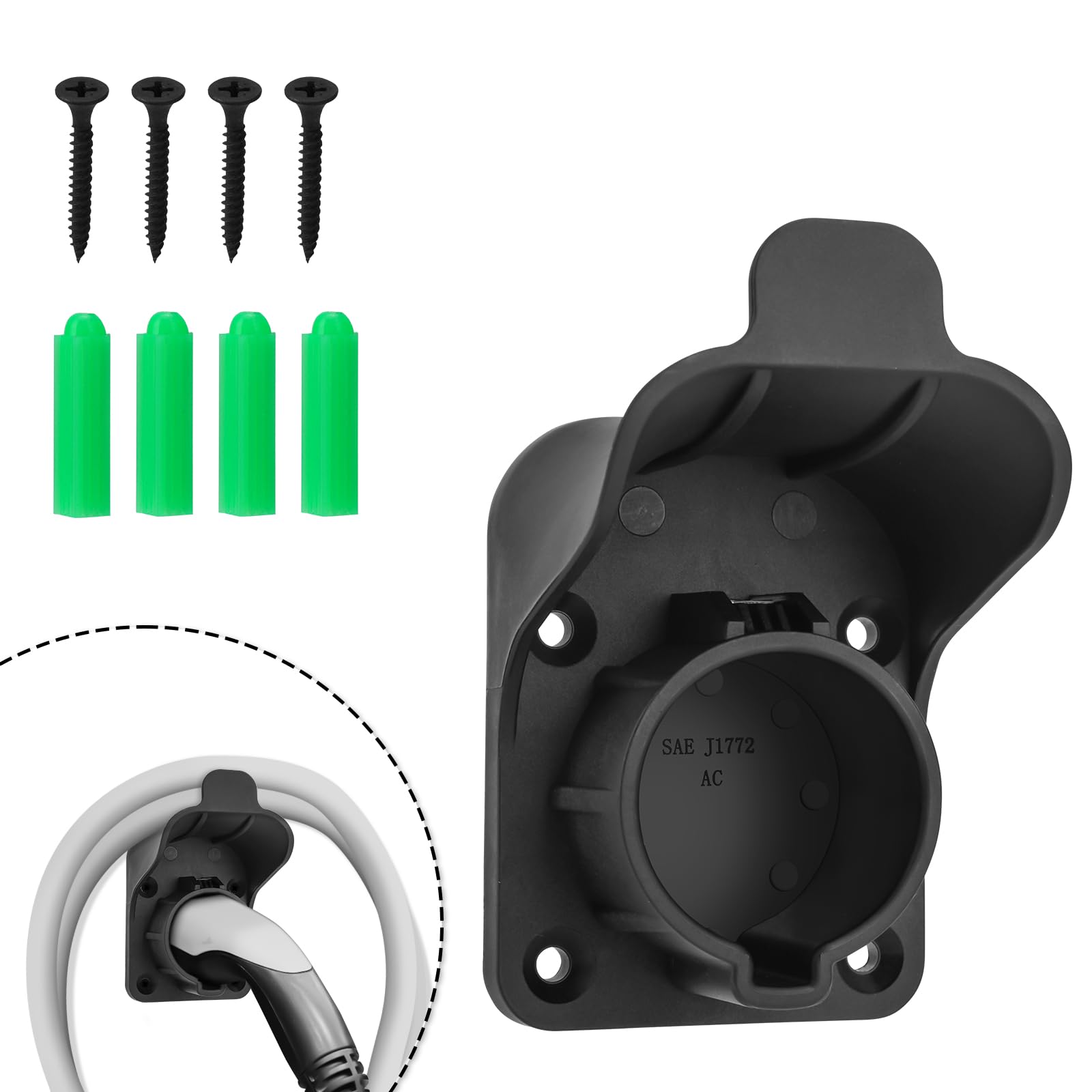 Outdoor EV Charger Holder Wall Mount - Waterproof J1772 Charging Cable Organizer & Enclosure for Tesla, Nissan Leaf, Chevy Volt - Perfect for Garage, Driveway & RV Charging Stations