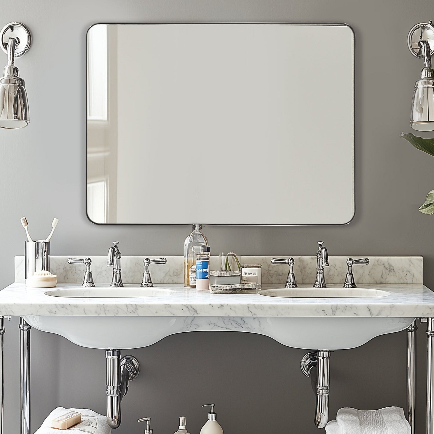 Modern Rounded Rectangle Bathroom Mirror with Stainless Steel Frame - Perfect for Vanity, Wall Decor & Home Decoration