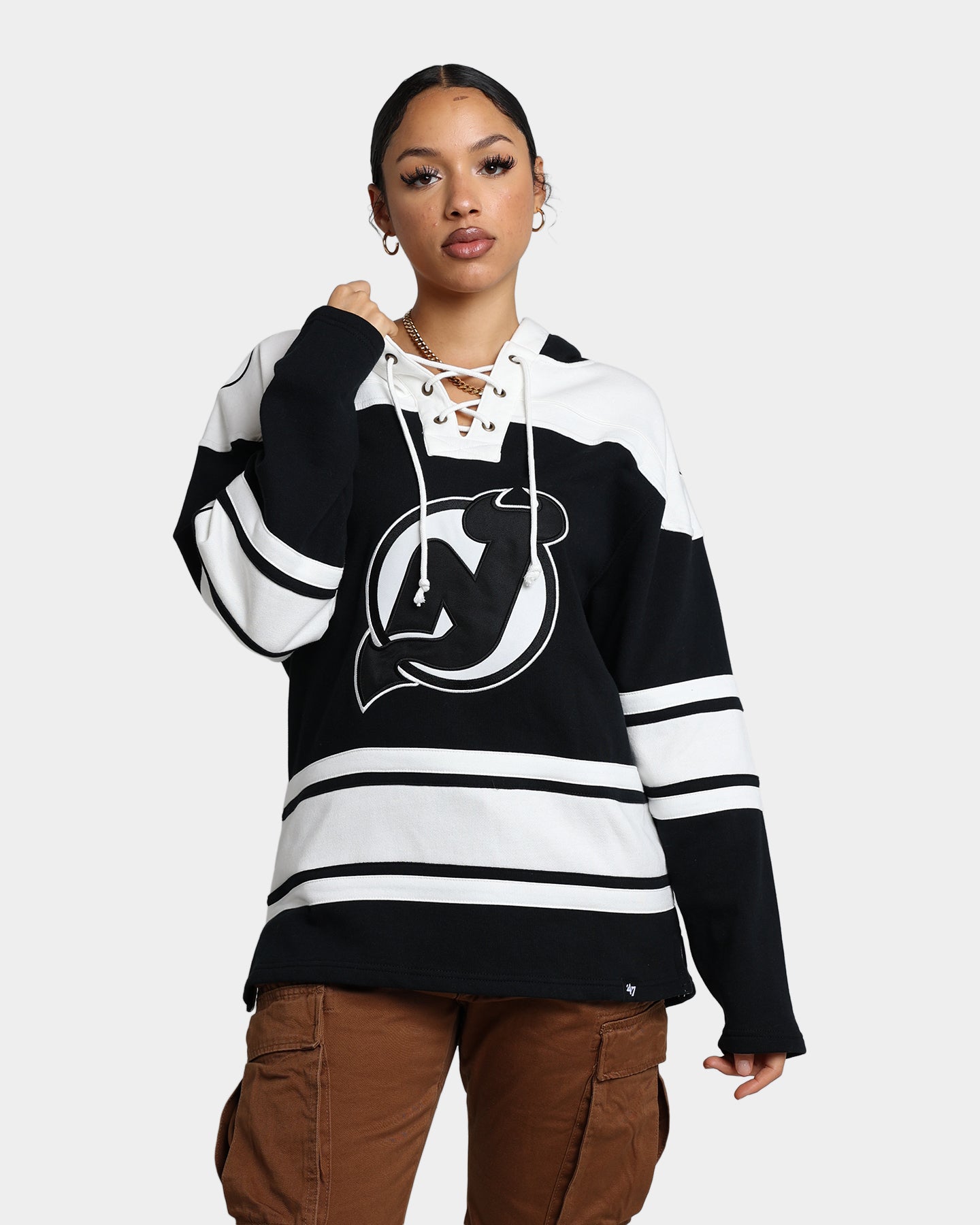 47 Brand New Jersey Devils Superior Lacer Hoodie - Men's NHL Hockey Pullover Sweatshirt, Jet Black - Perfect for Game Day, Tailgating & Casual Wear