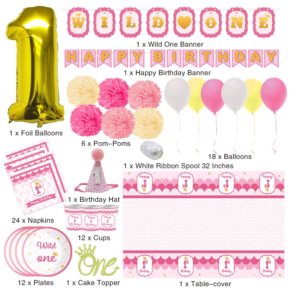 JOYIN 1st Birthday Party Decorations Kit for Girls - Includes Happy Banner, Cake Topper, Foil Balloons, Confetti, Tableware & More - Perfect for Baby's First Birthday Celebration & Photo Shoots