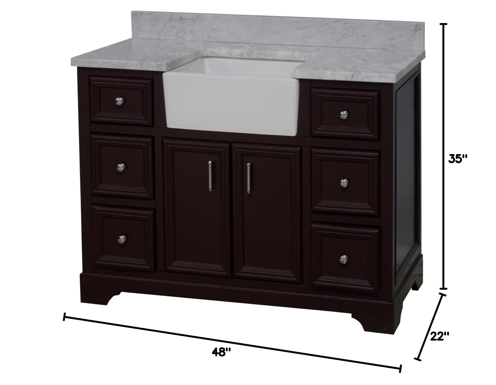 48-inch Farmhouse Vanity with Carrara Marble Top & Apron Sink - Rustic Bathroom Vanity Set with Chocolate Wood Cabinet & White Ceramic Sink for Modern Farmhouse, Cottage, or Vintage Style Bathrooms