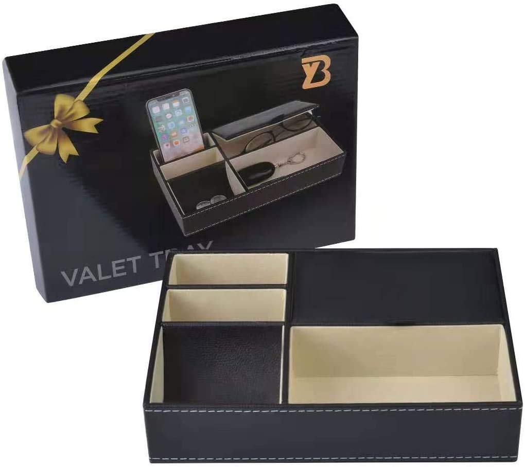 Premium Leather Valet Tray Organizer - 5 Compartment Dresser Top Box for Jewelry, Watches & EDC Essentials - Perfect Nightstand Organizer for Men & Women - Ideal for Bedroom, Bathroom & Travel Use