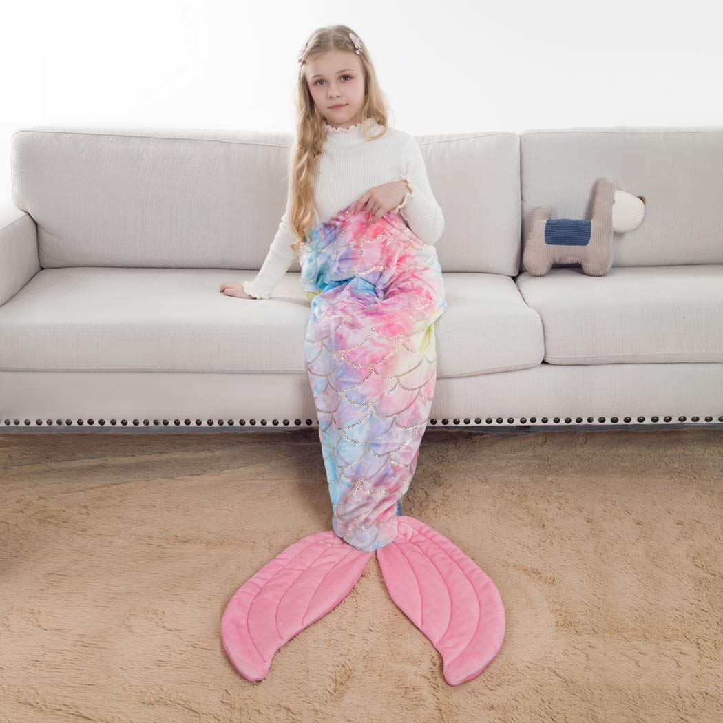 COSUSKET Mermaid Tail Blanket for Girls - Soft Rainbow Plush Microfiber Sleeping Bag with Fish Scale Design | All-Season Cozy Snuggle Blanket for Kids, Teens & Adults | Perfect for Bedtime, Lounging & Photo Shoots